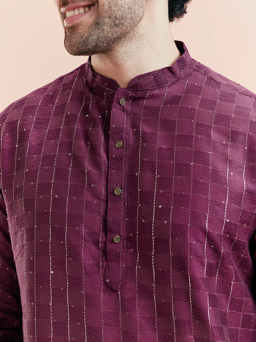 Maroon Silk Blend Textured Long Kurta - Image 5