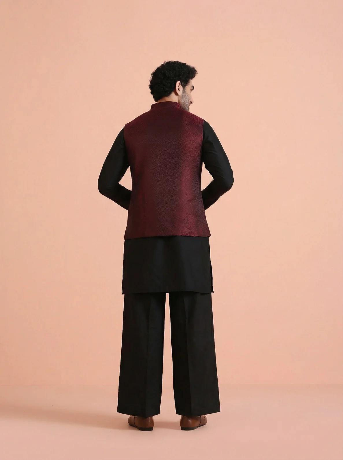 Maroon Silk Blend Textured Mid Kurta Jacket Wide Leg Trouser Set - Image 3