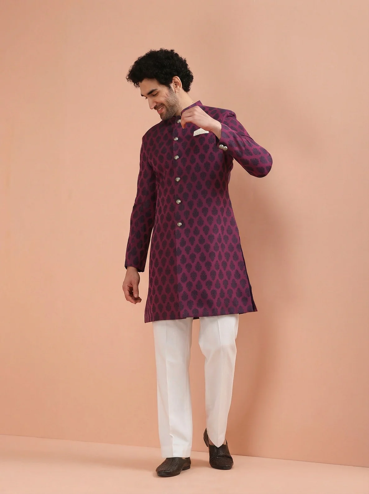 Maroon Silk Blend Textured Sherwani Wide Leg Trouser Set - Image 2