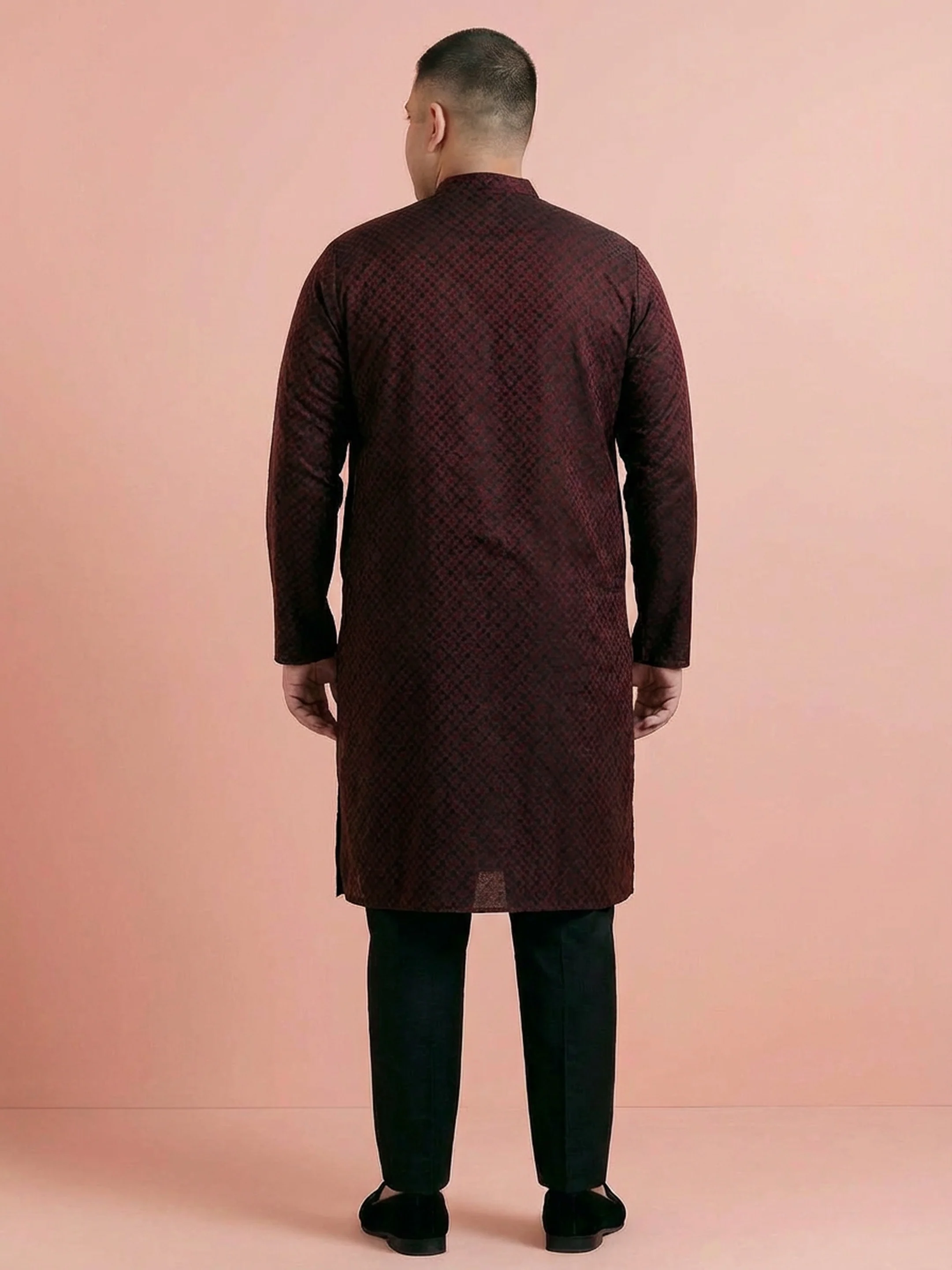 Maroon Silk Blend Woven Long Kurta - Image 3