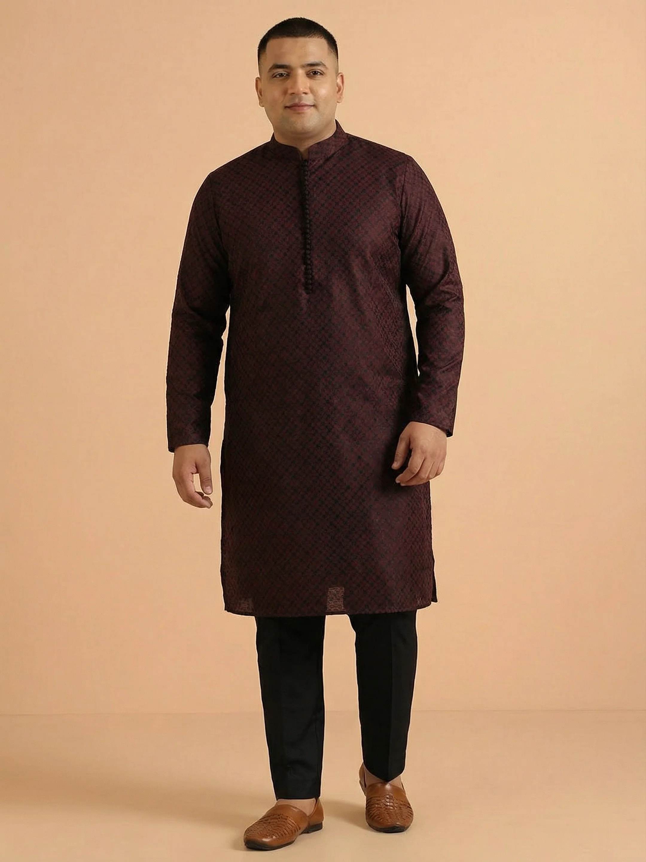 Maroon Silk Blend Woven Long Kurta - Image 5