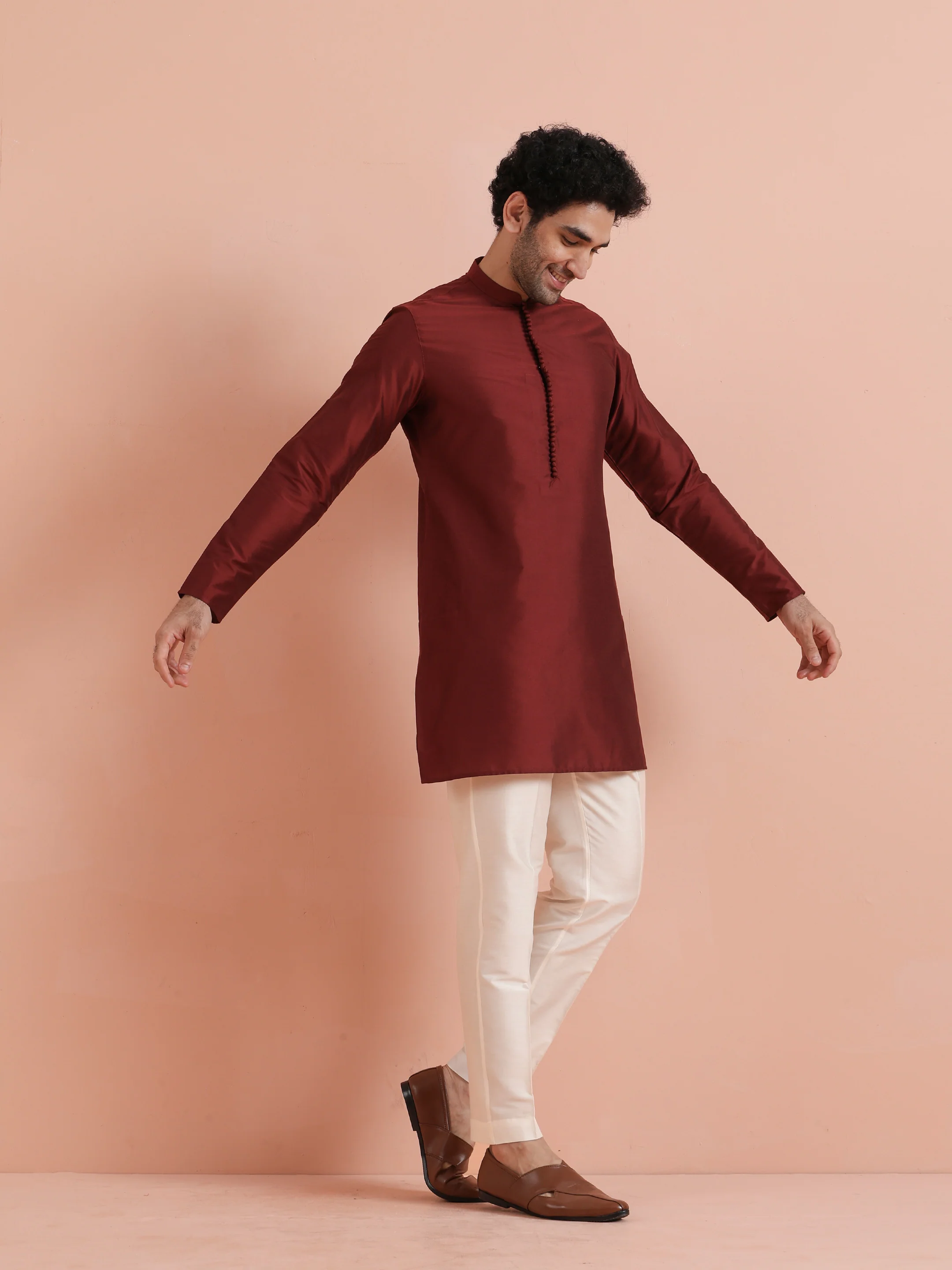 Maroon Solid Cotton Kurta Trouser Set - Image 3