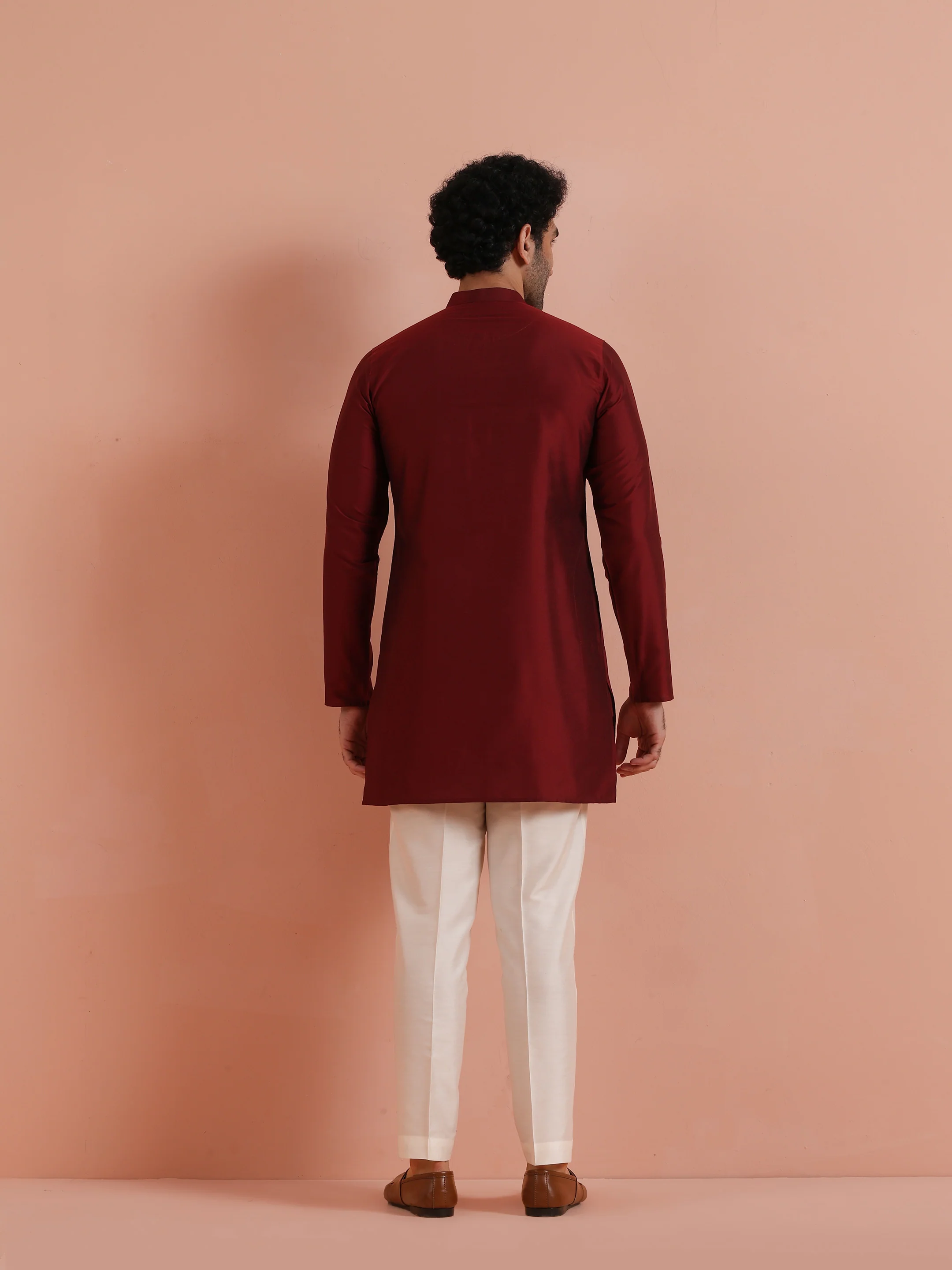 Maroon Solid Cotton Kurta Trouser Set - Image 4
