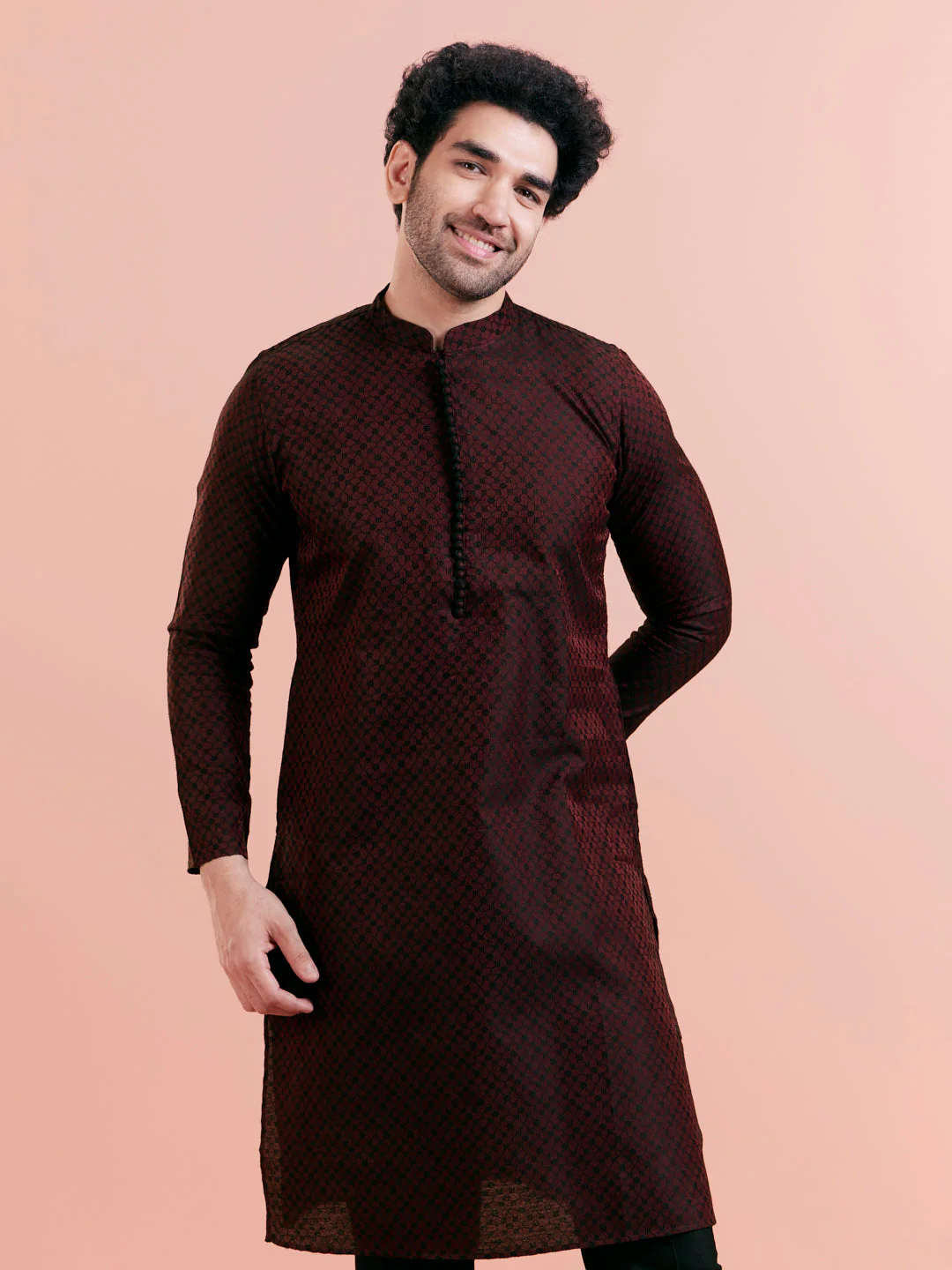 Maroon Textured Kurta Trouser Set - Image 5