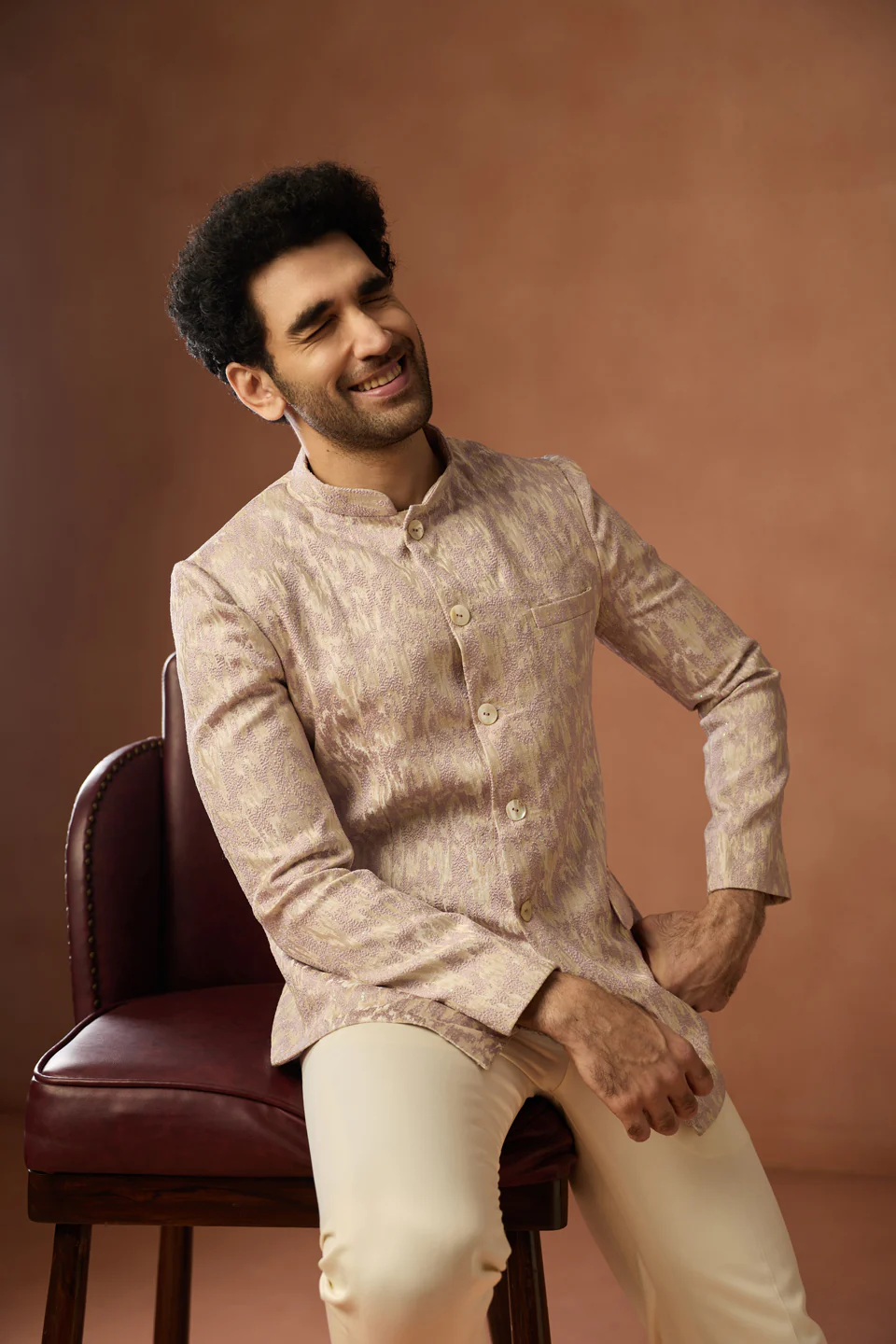 Beige Silk Blend Textured Bandhgala