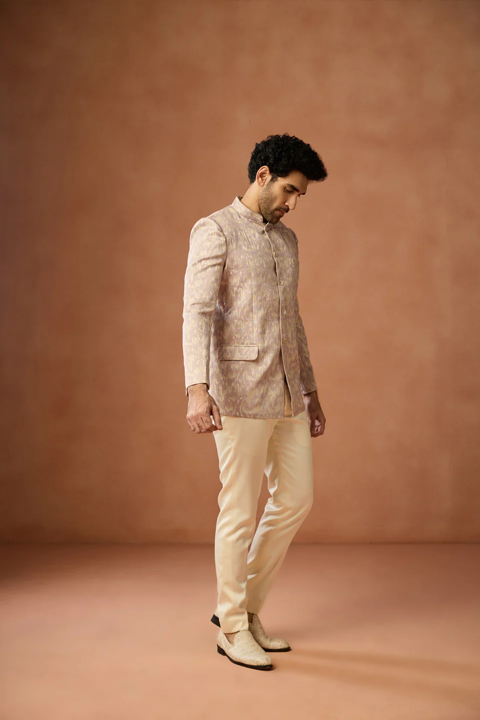 Beige Silk Blend Textured Bandhgala - Image 3
