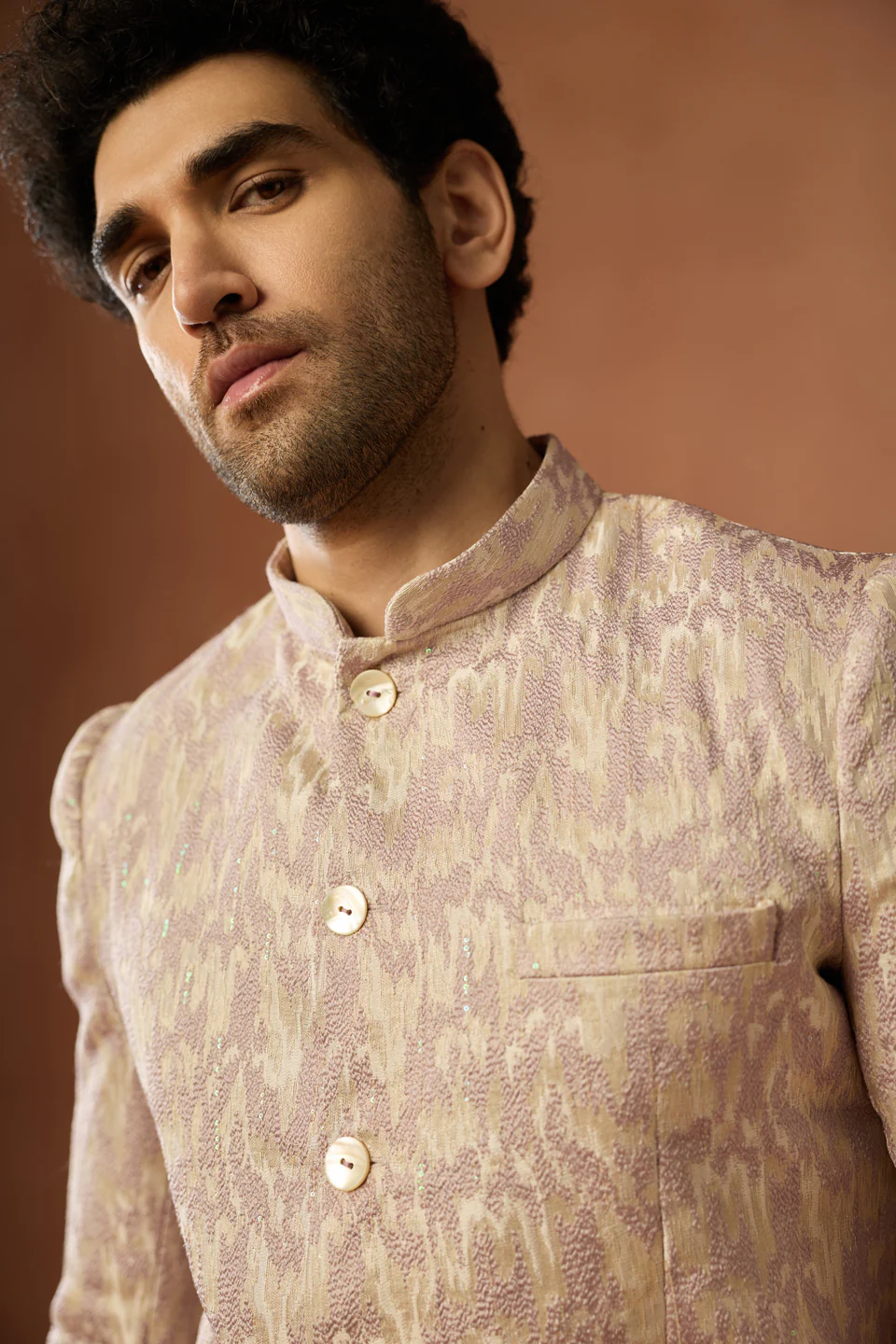 Beige Silk Blend Textured Bandhgala - Image 5