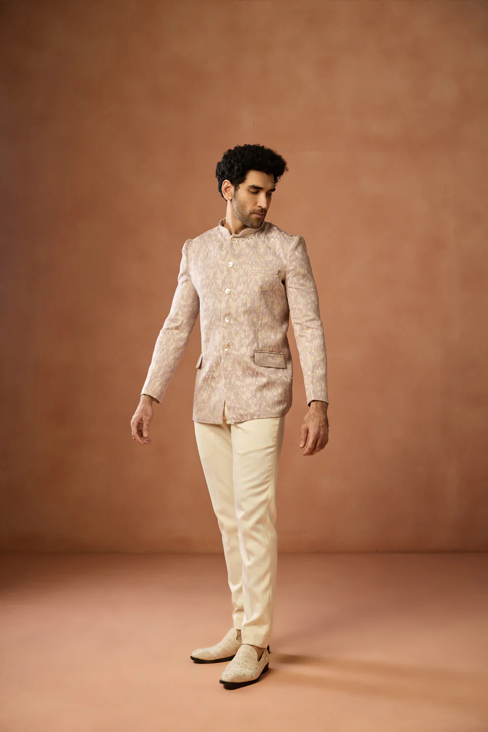 Beige Jacquard Textured Bandhgala Trouser Set