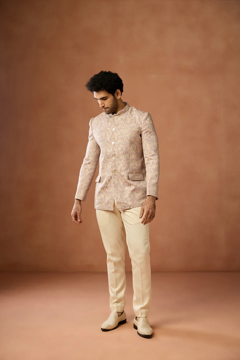 Beige Jacquard Textured Bandhgala Trouser Set - Image 3