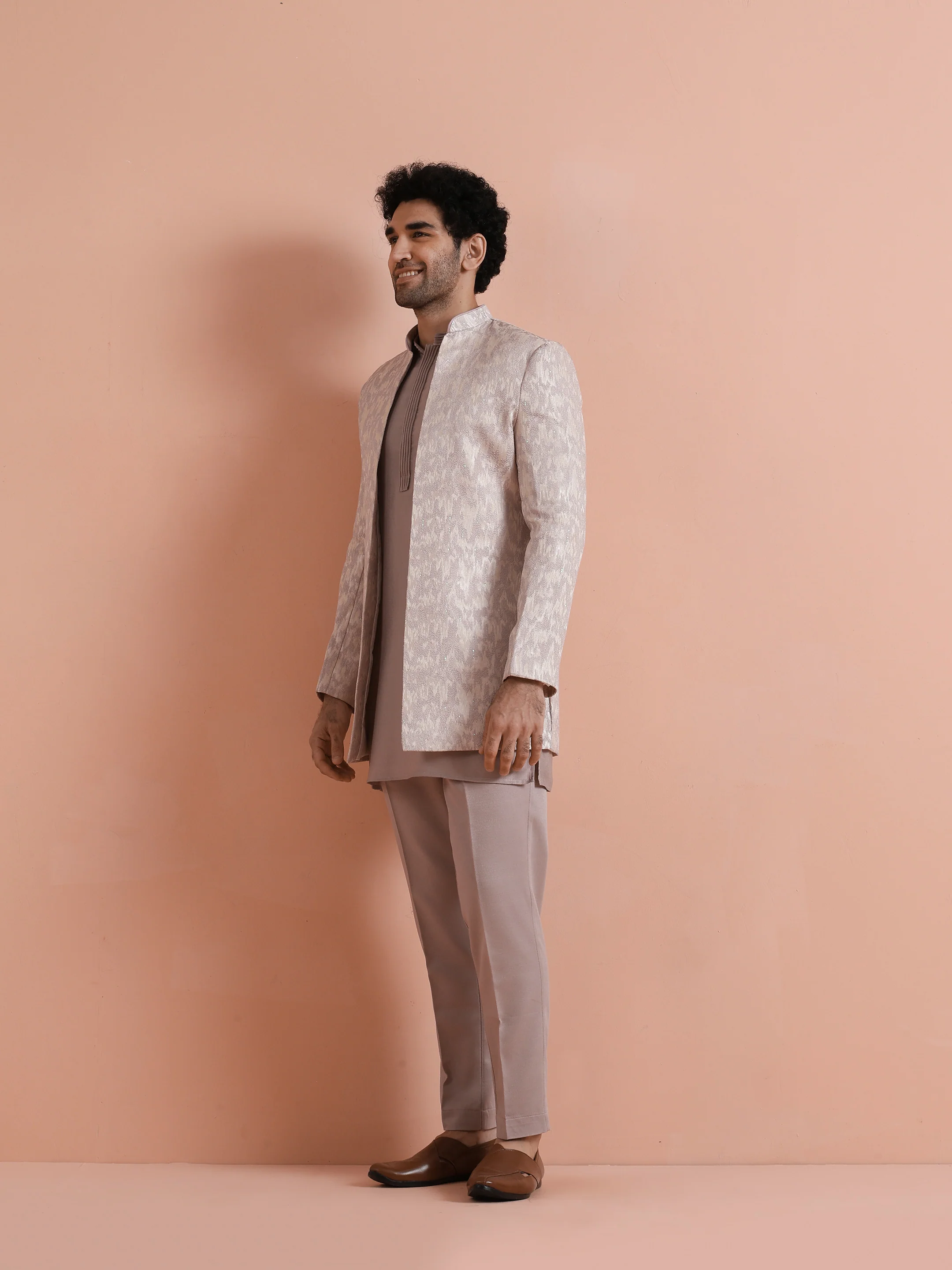 Beige Jacquard Short Sherwani Trouser Set - Image 11