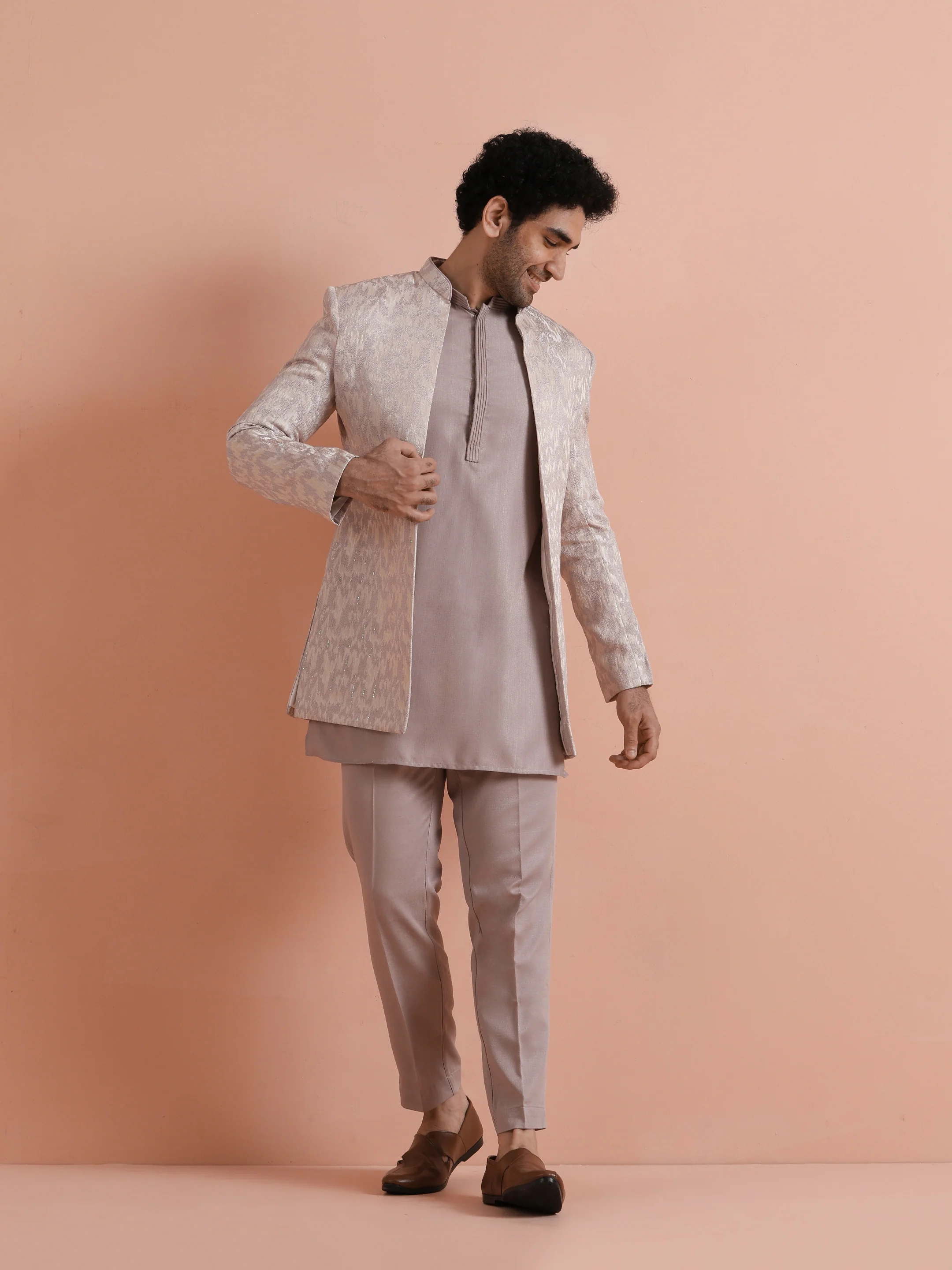 Beige Jacquard Short Sherwani Trouser Set - Image 2