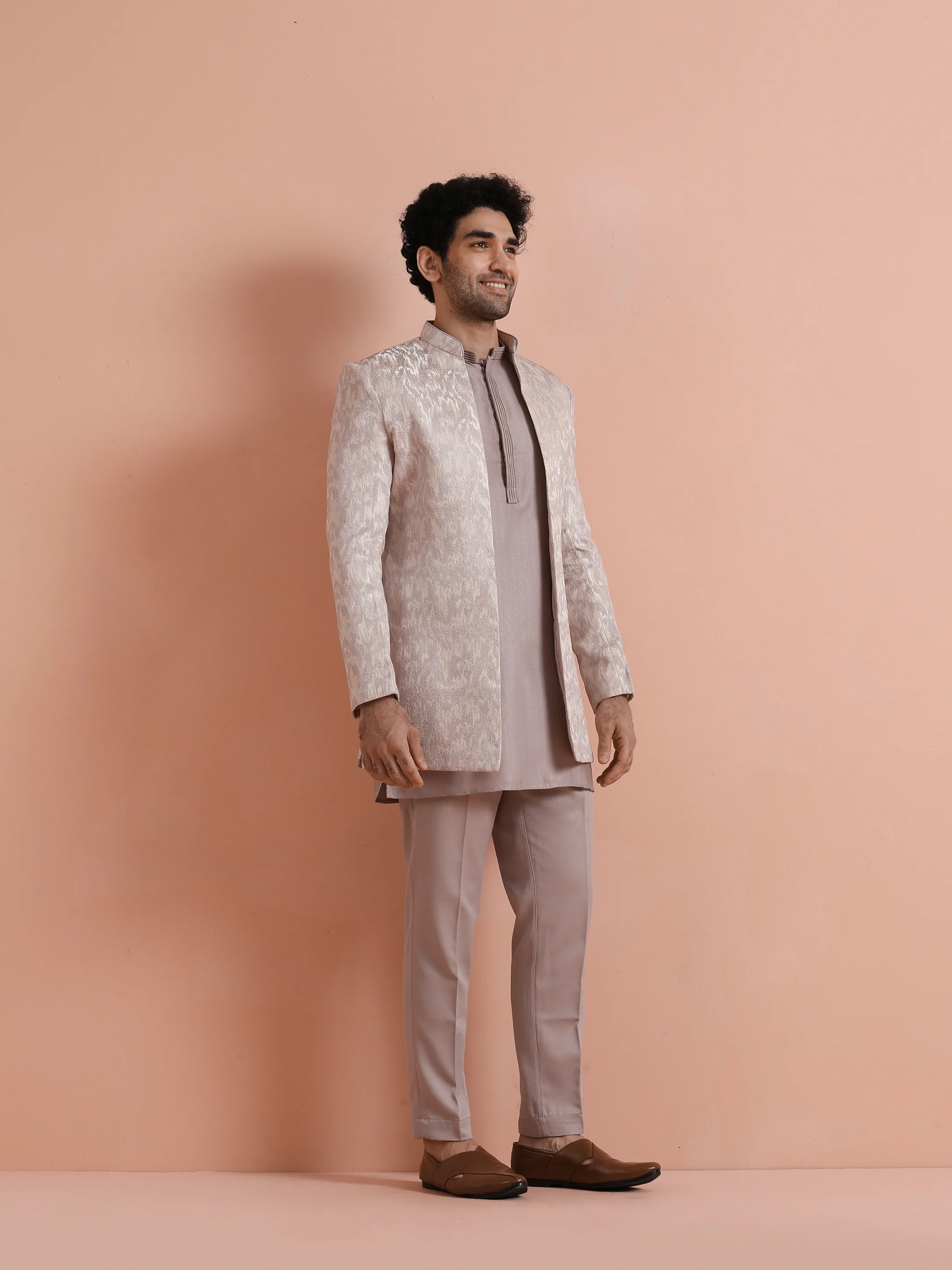 Beige Jacquard Short Sherwani Trouser Set - Image 3
