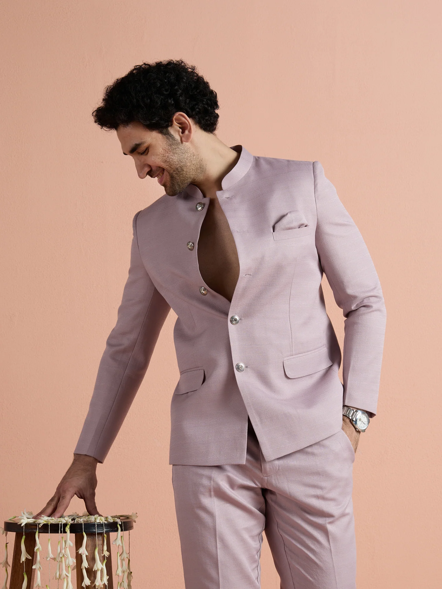 Mauve Poly Viscose Solid Bandhgala Trouser Set - Image 7