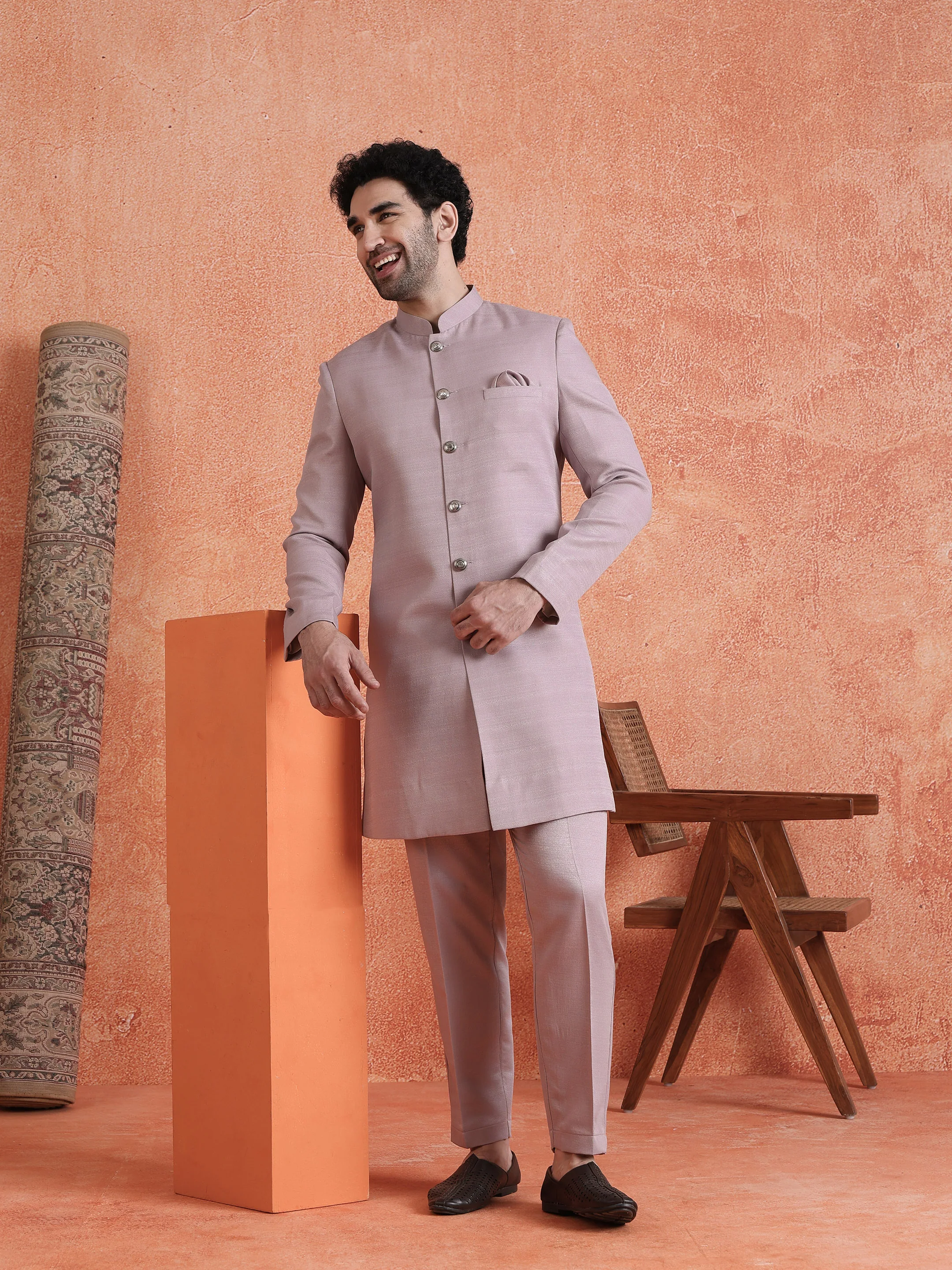 Mauve Polyviscose Solid Sherwani Trouser Set