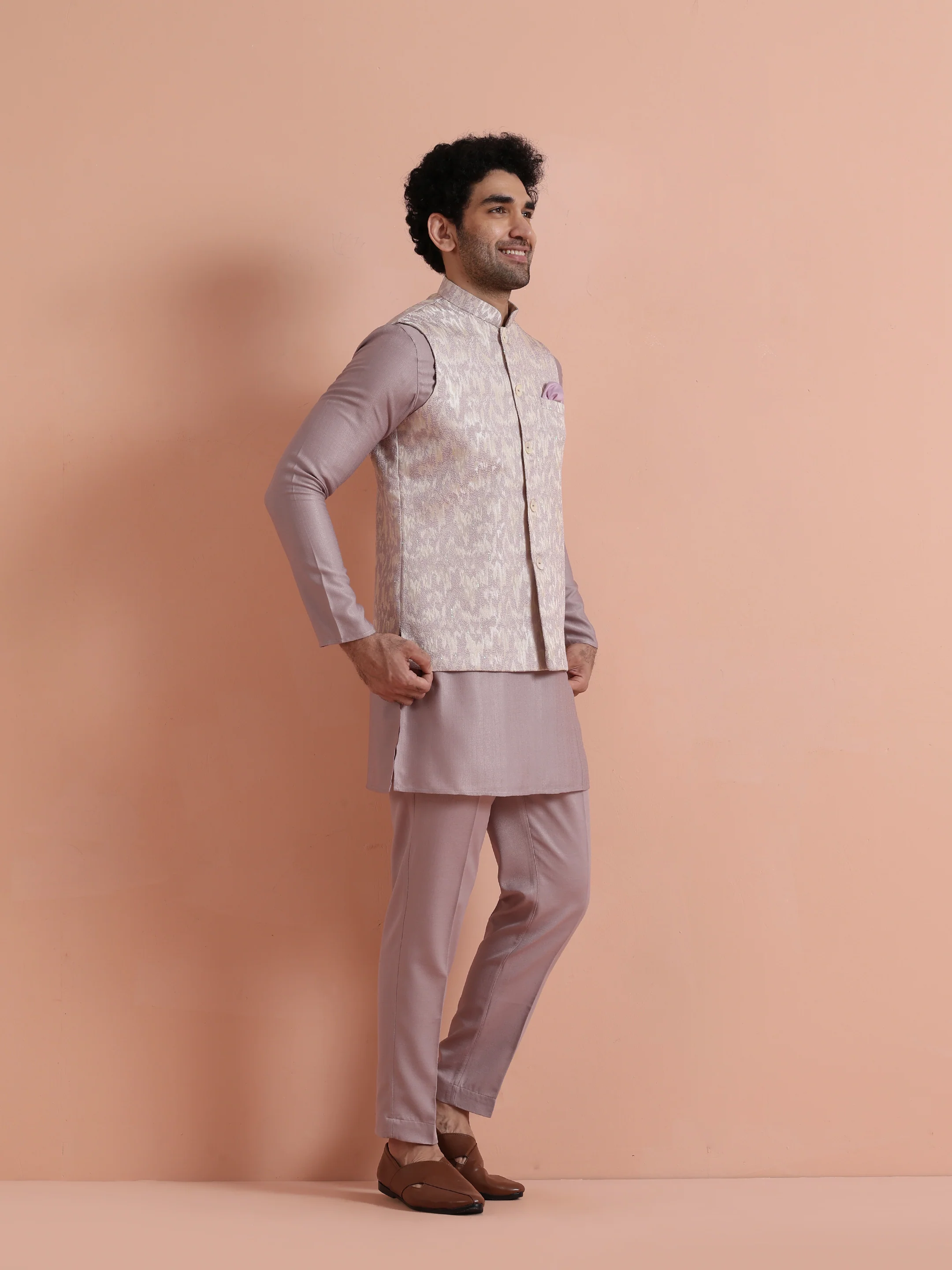 Mauve Printed Elegant Ethnic Nehru Jacket - Image 2