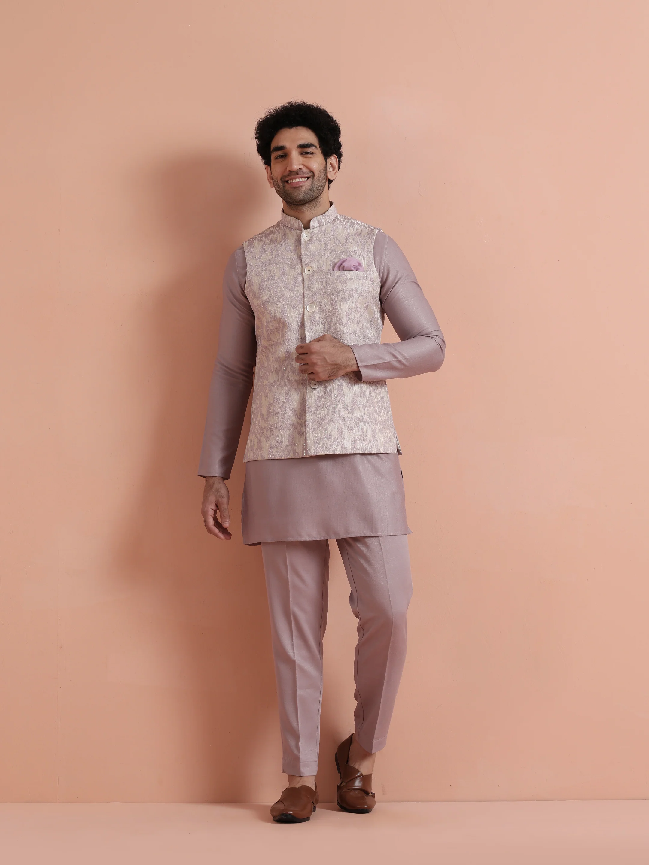 Mauve Printed Elegant Ethnic Nehru Jacket - Image 7
