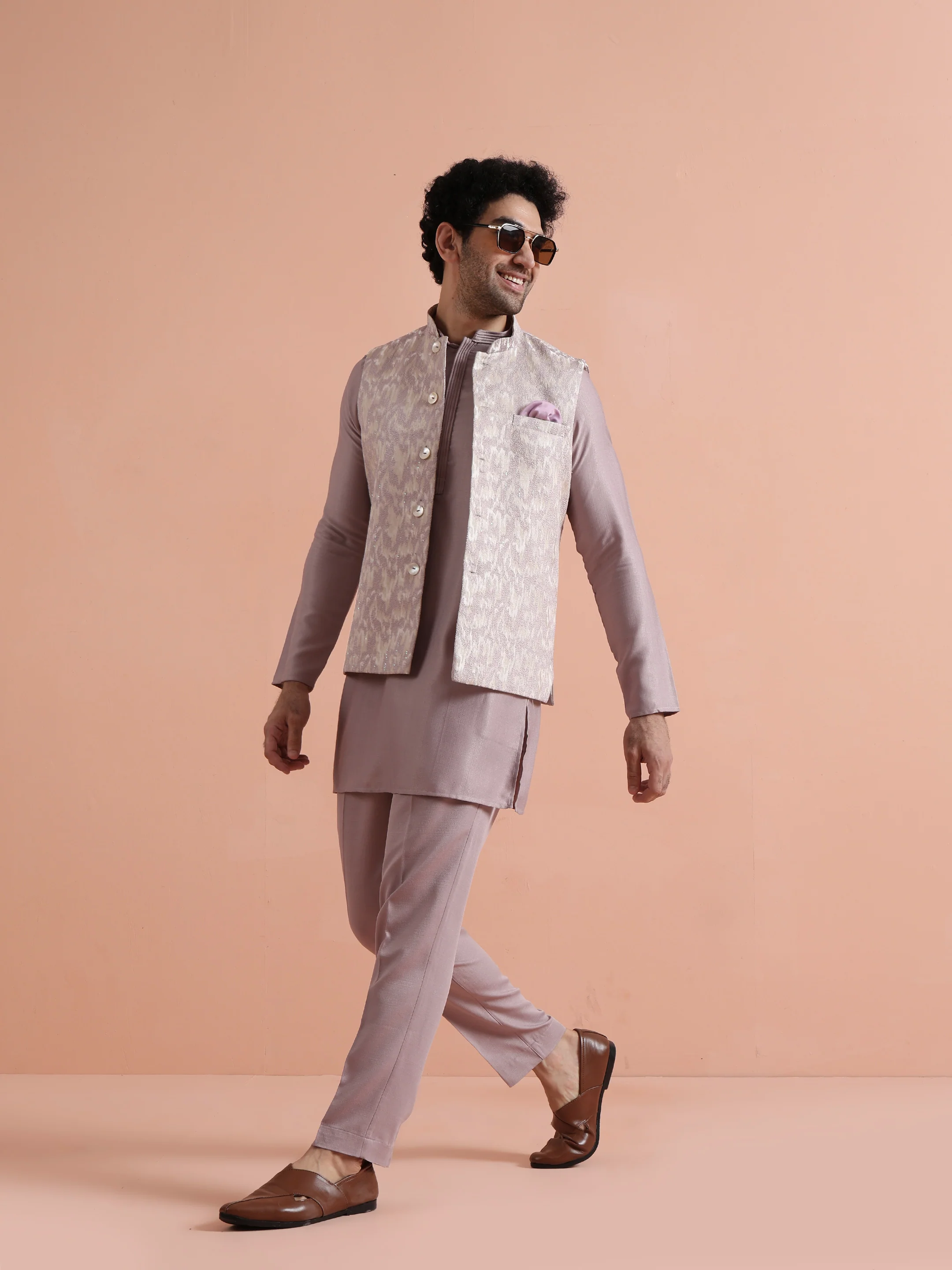 Mauve Printed Elegant Ethnic Nehru Jacket - Image 8