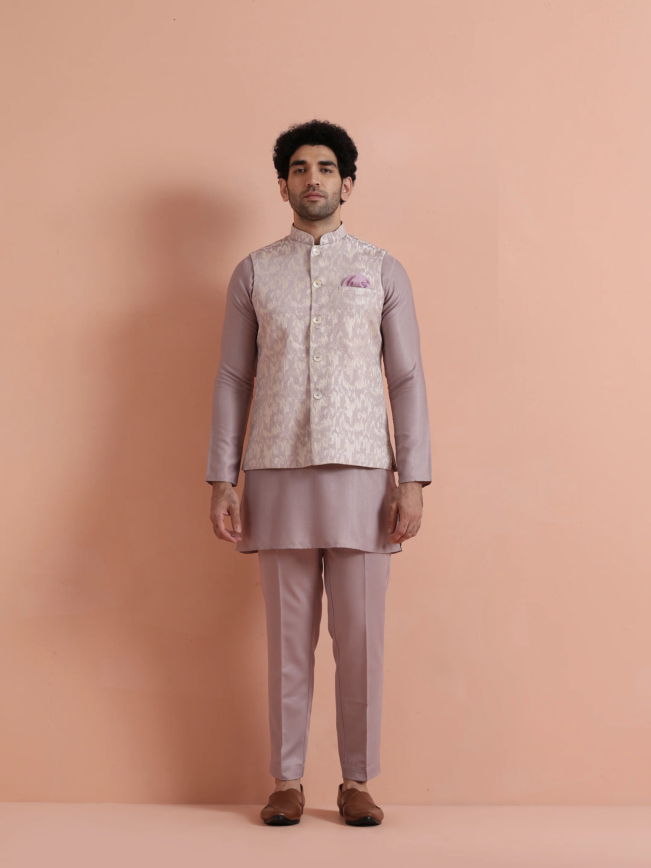 Mauve Jacquard Kurta Jacket Trouser Set - Image 10