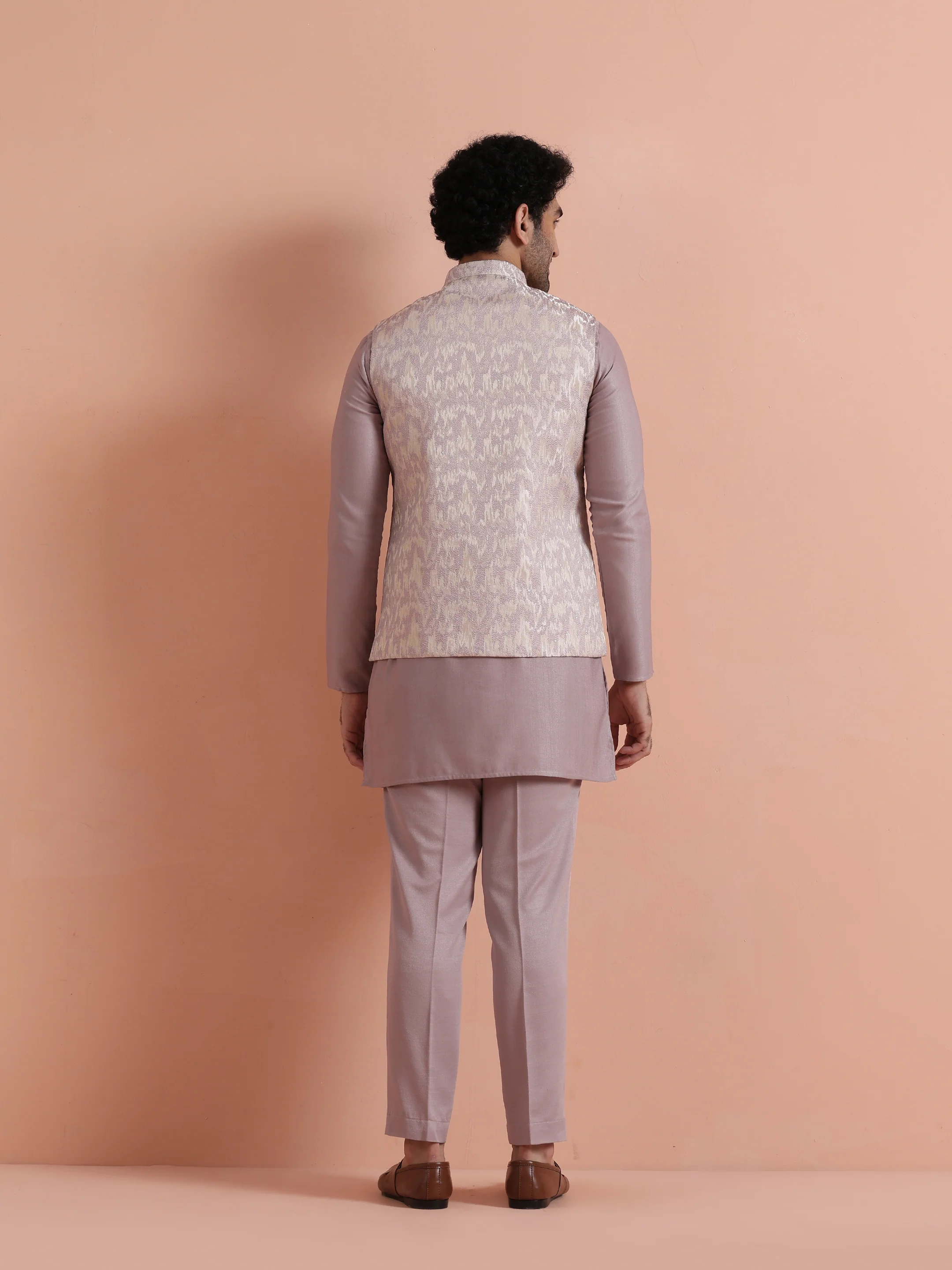 Mauve Jacquard Kurta Jacket Trouser Set - Image 4