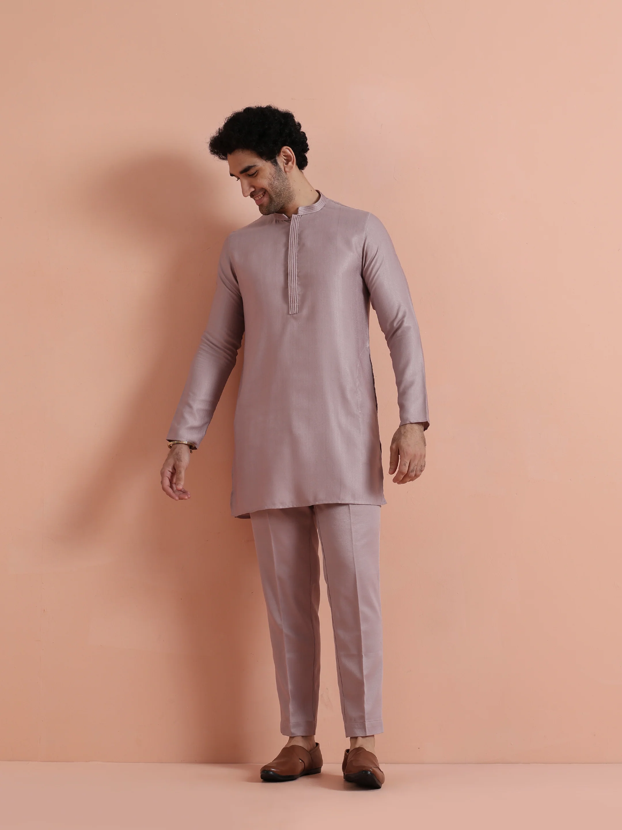 Mauve Jacquard Kurta Jacket Trouser Set - Image 7