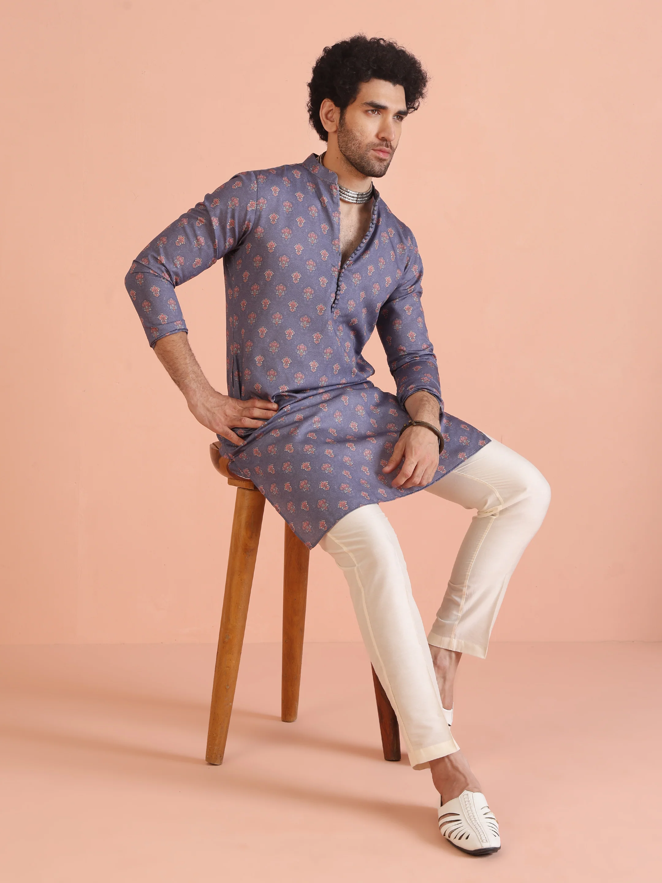 Mauve Silk Blend Printed Long Kurta - Image 6