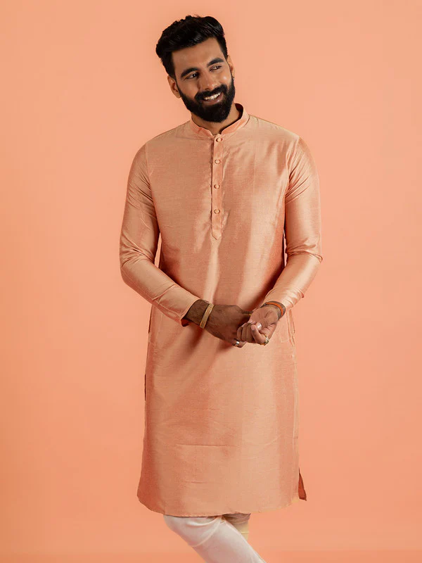 Peach Silk Blend Solid Kurta
