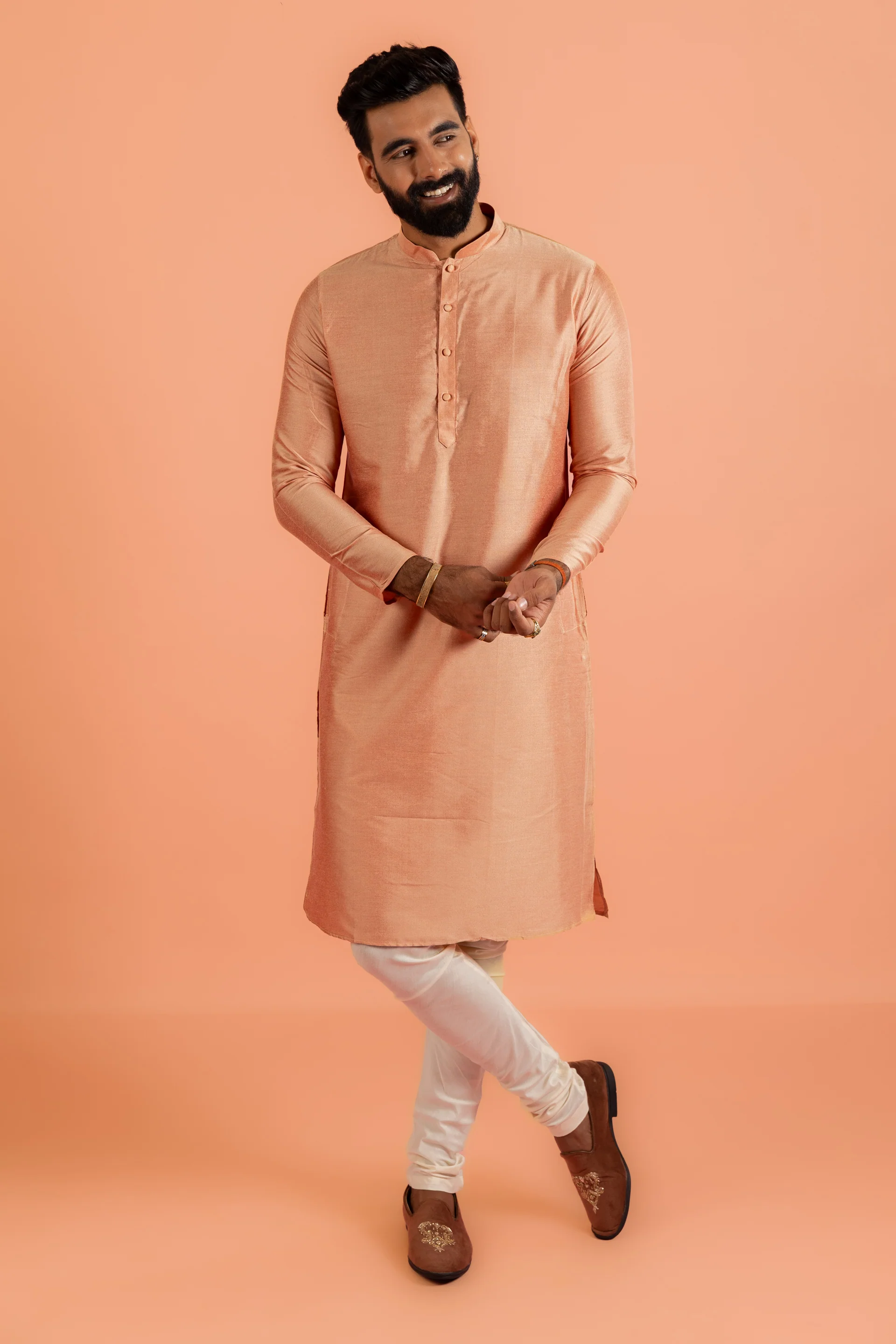 Peach Silk Blend Kurta set with Cream Churidar - Image 8