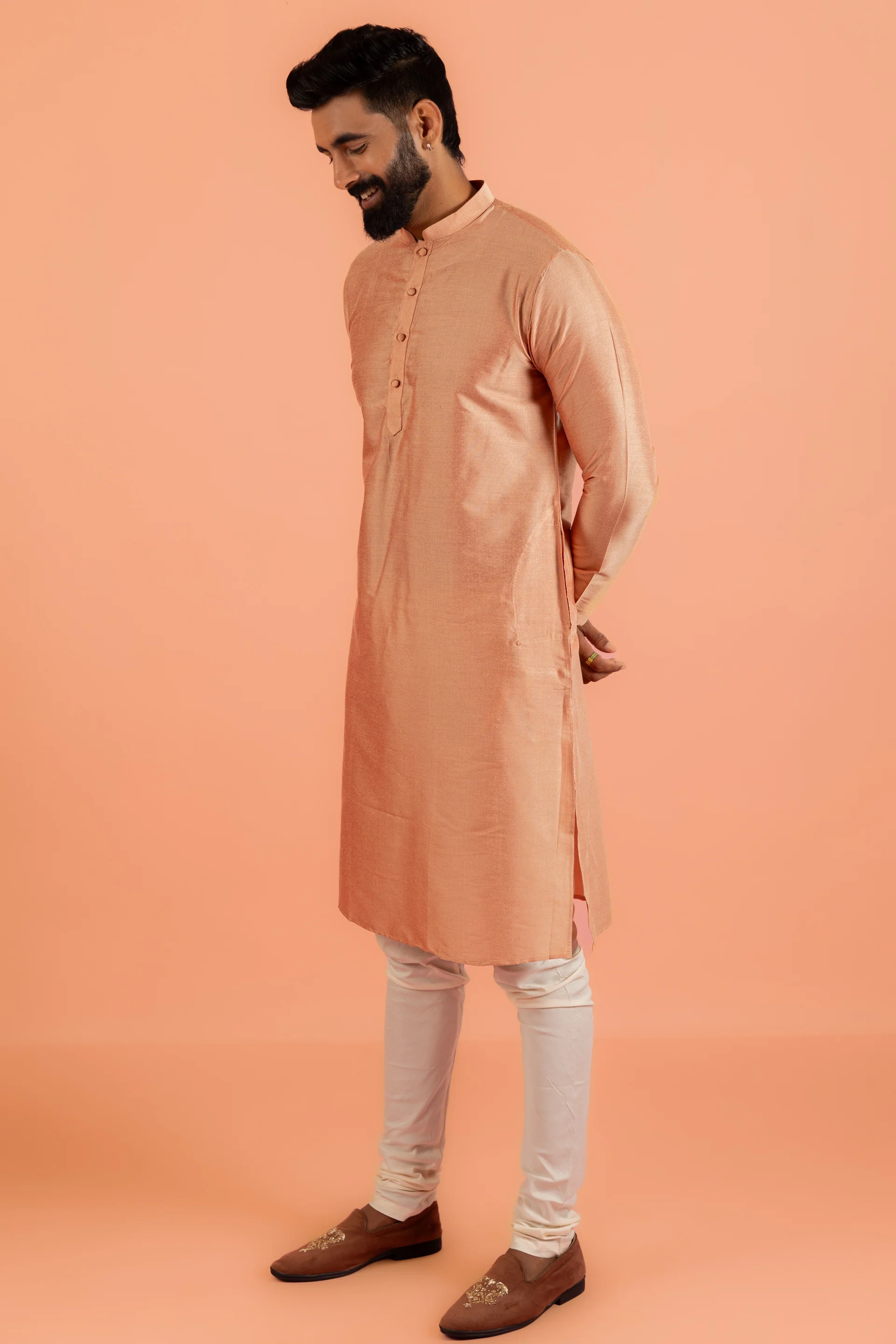 Peach Silk Blend Kurta set with Cream Churidar - Image 2