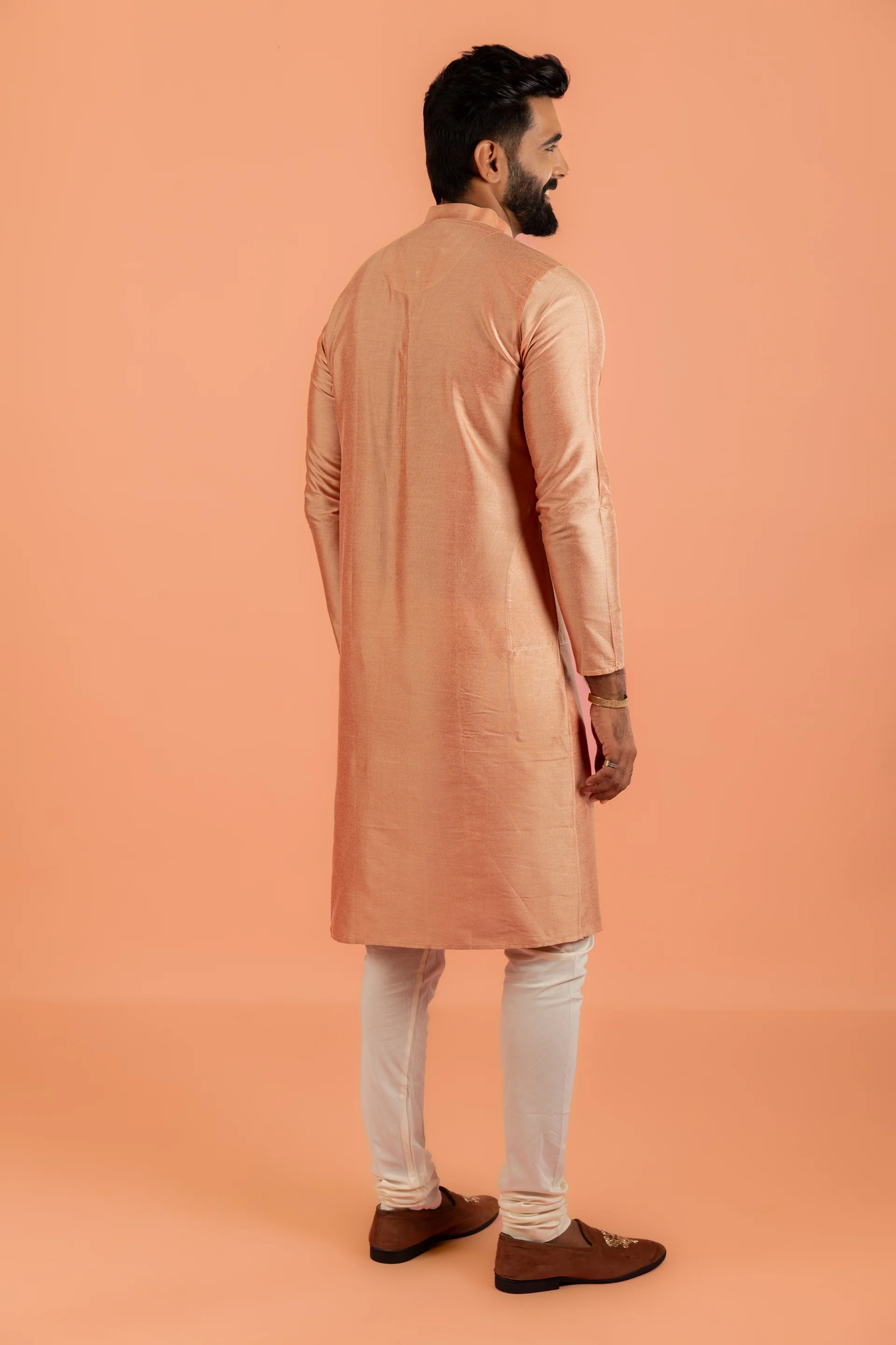 Peach Silk Blend Kurta set with Cream Churidar - Image 4