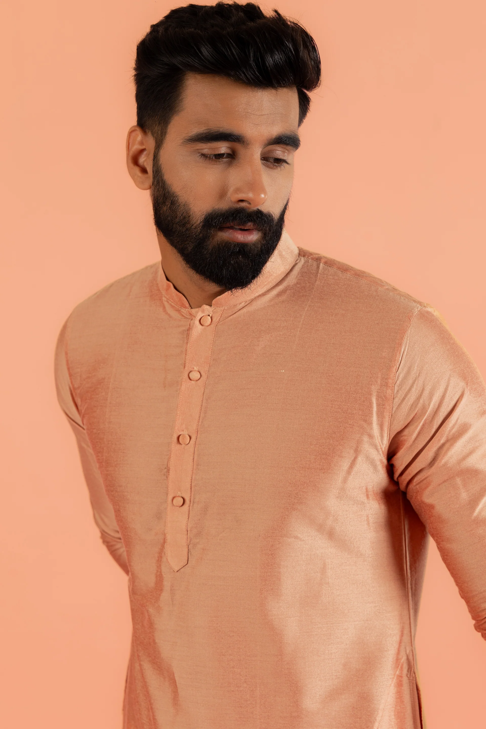 Peach Silk Blend Kurta set with Cream Churidar - Image 5
