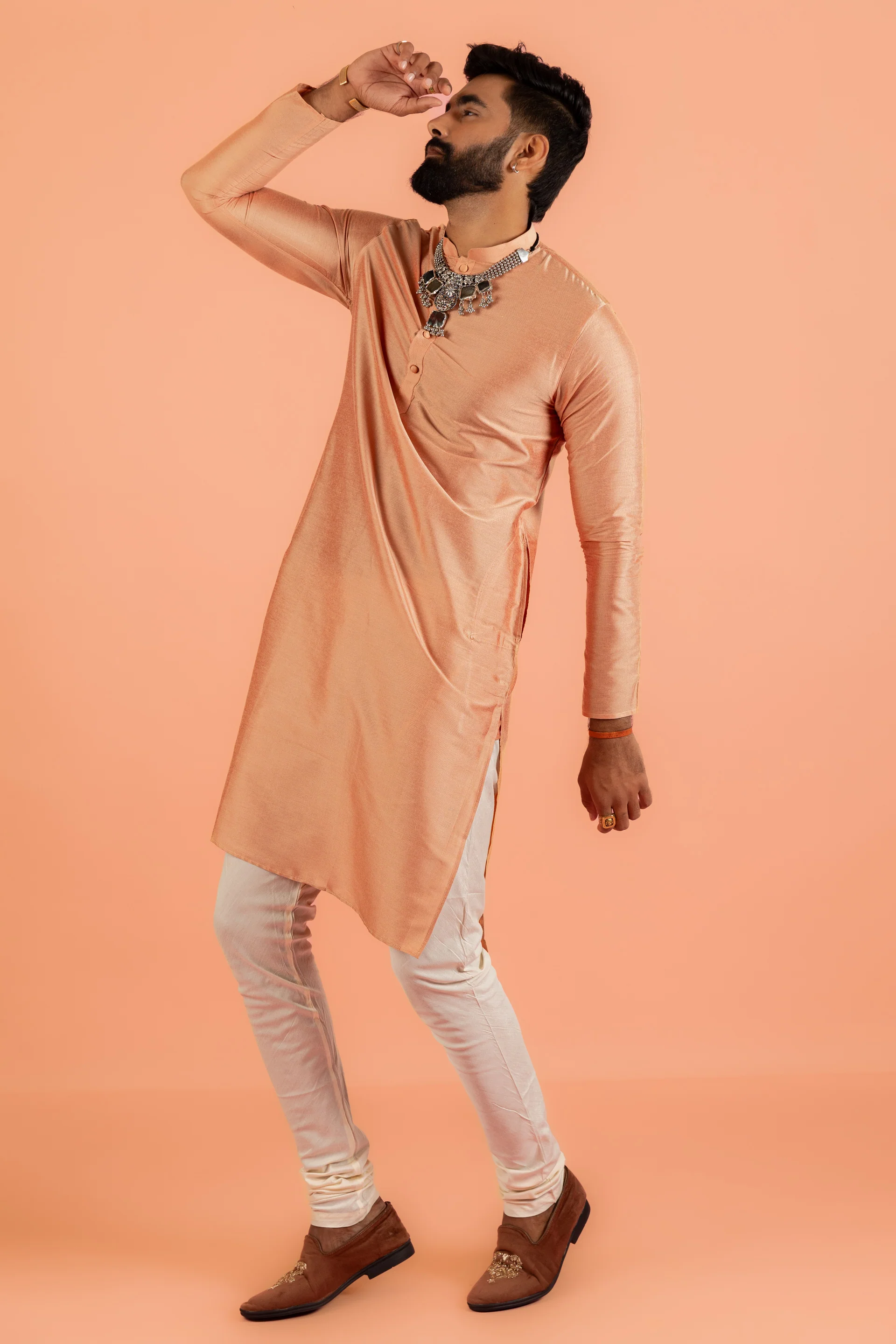 Peach Silk Blend Kurta set with Cream Churidar - Image 3