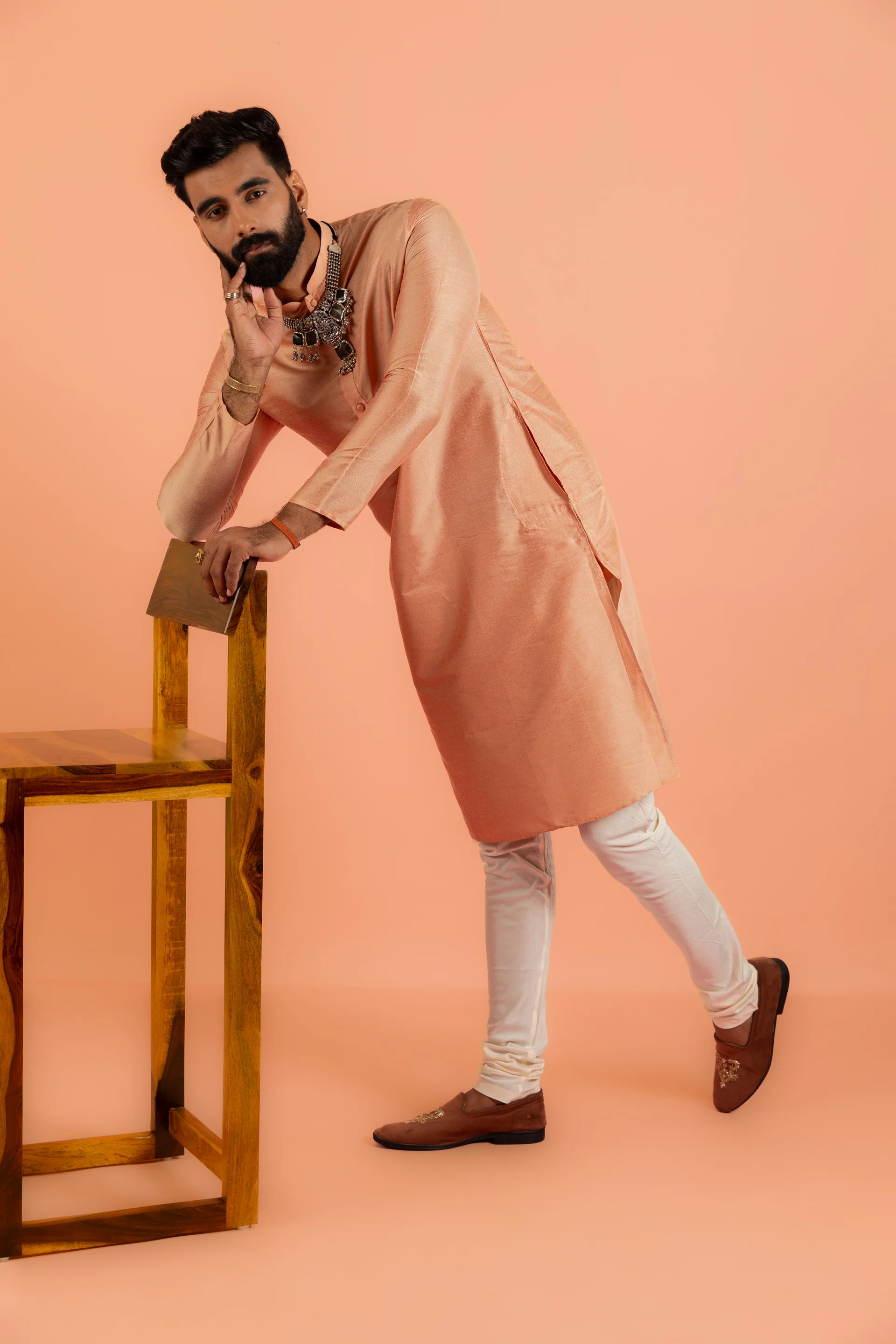 Peach Silk Blend Kurta set with Cream Churidar - Image 7