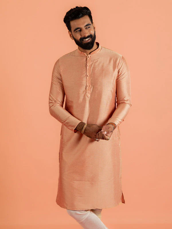 Peach Silk Blend Solid Kurta - Image 8