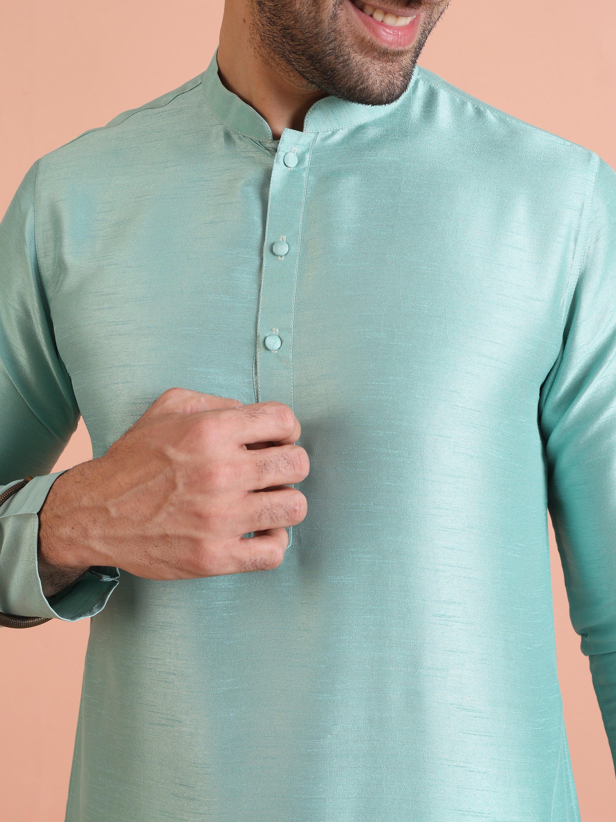 Men Green Solid Ethnic Motifs Kurta - Image 6