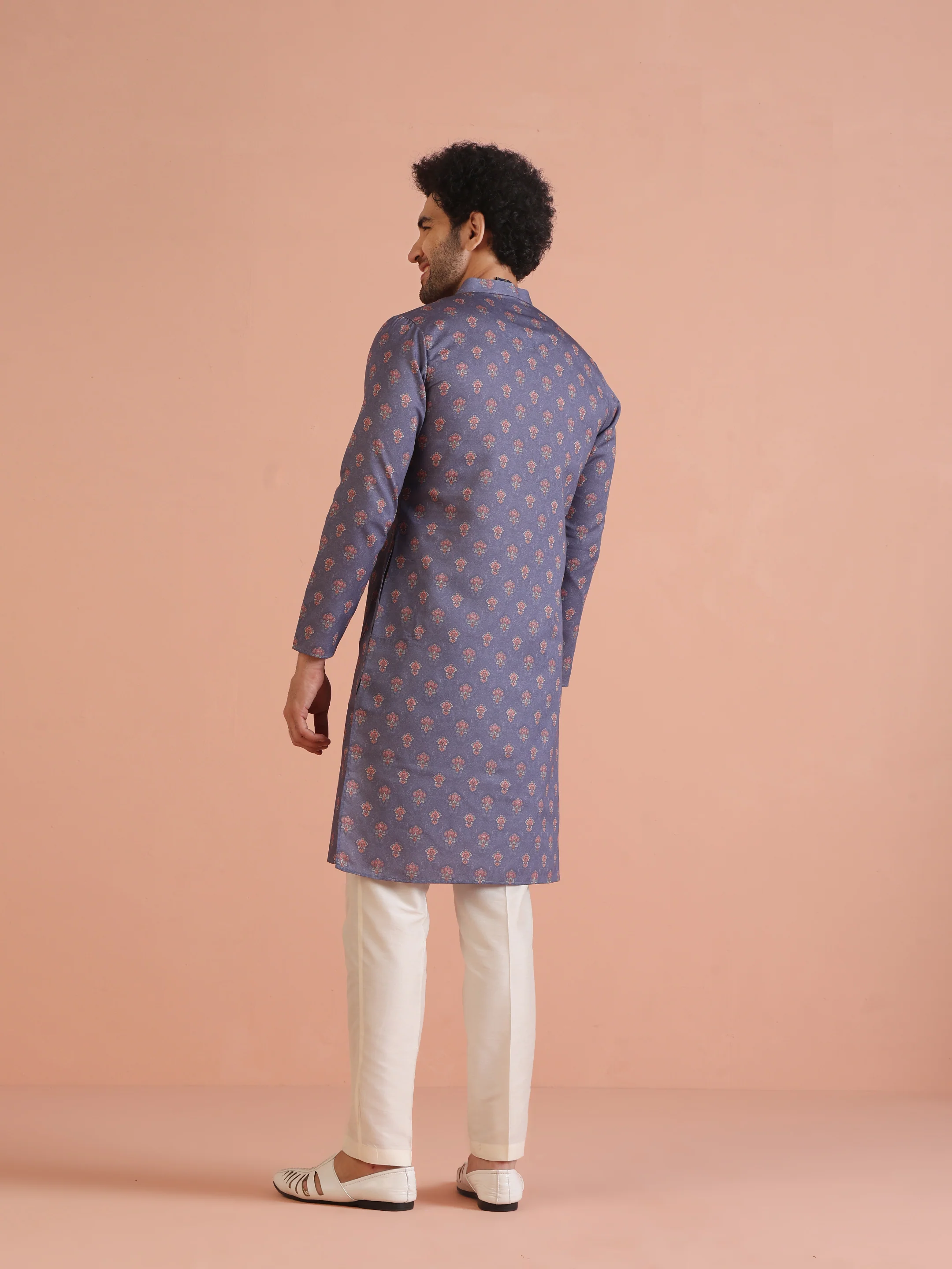 Blue Cotton Silk Printed Kurta with Cream Trouser - Image 4