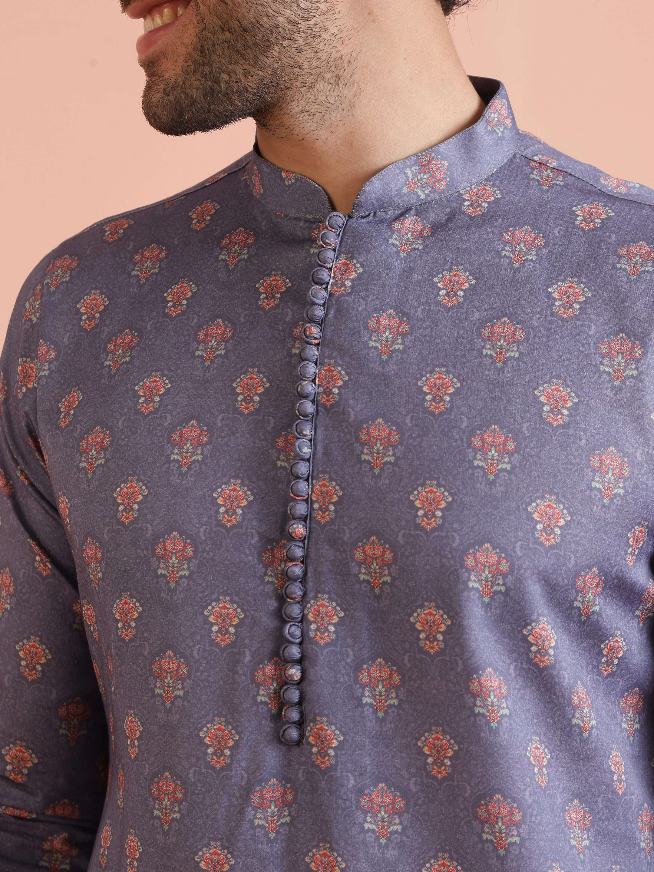 Blue Cotton Silk Printed Kurta with Cream Trouser - Image 5