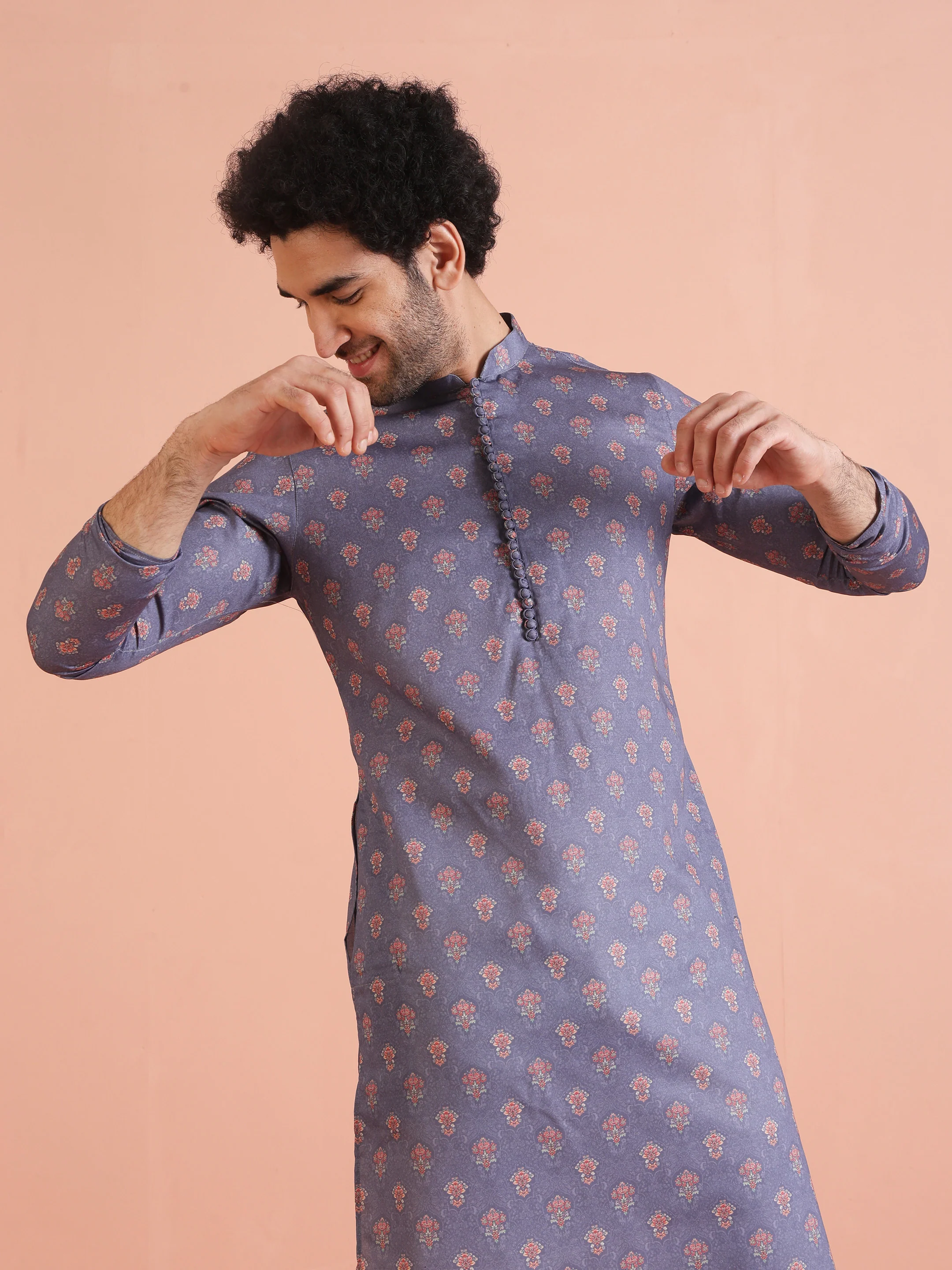 Blue Cotton Silk Printed Kurta with Cream Trouser - Image 7