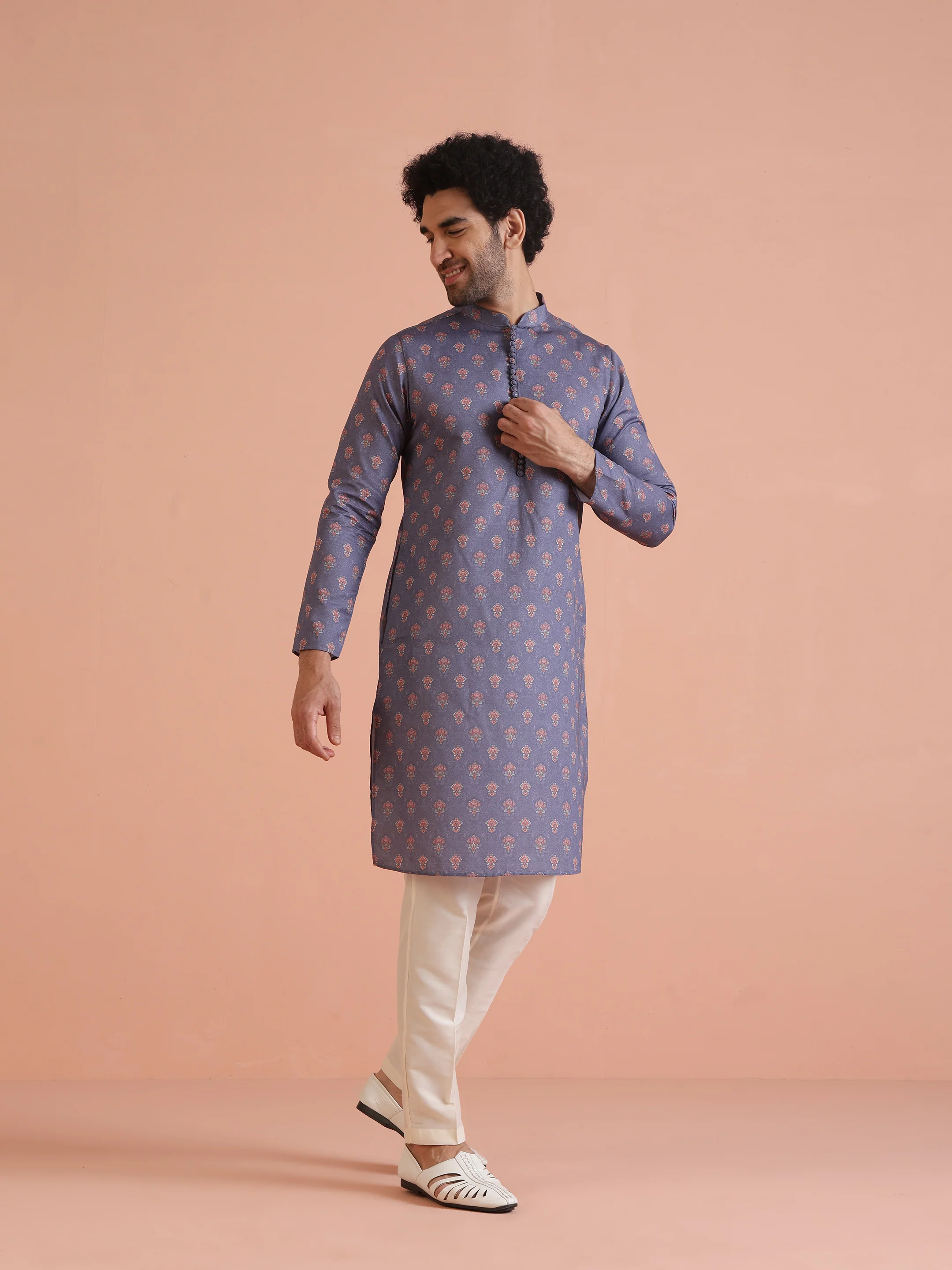 Blue Cotton Silk Printed Kurta with Cream Trouser - Image 3