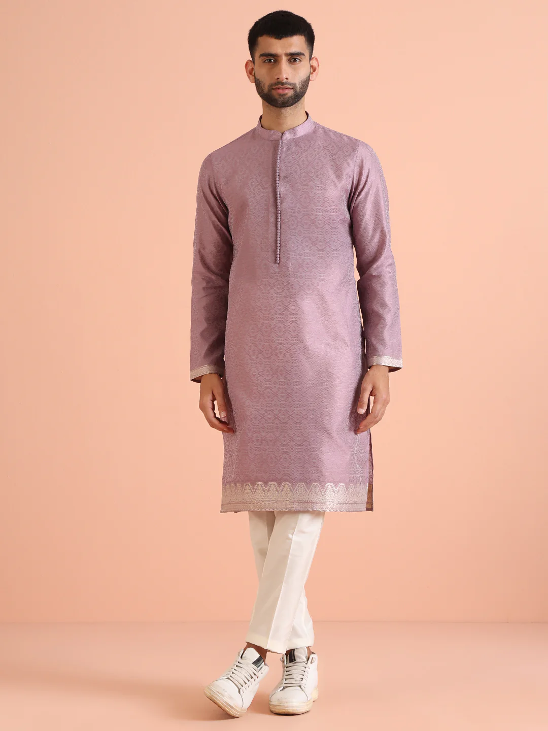 Pink Silk Blend Woven Nehru Jacket Kurta Trouser - Image 5