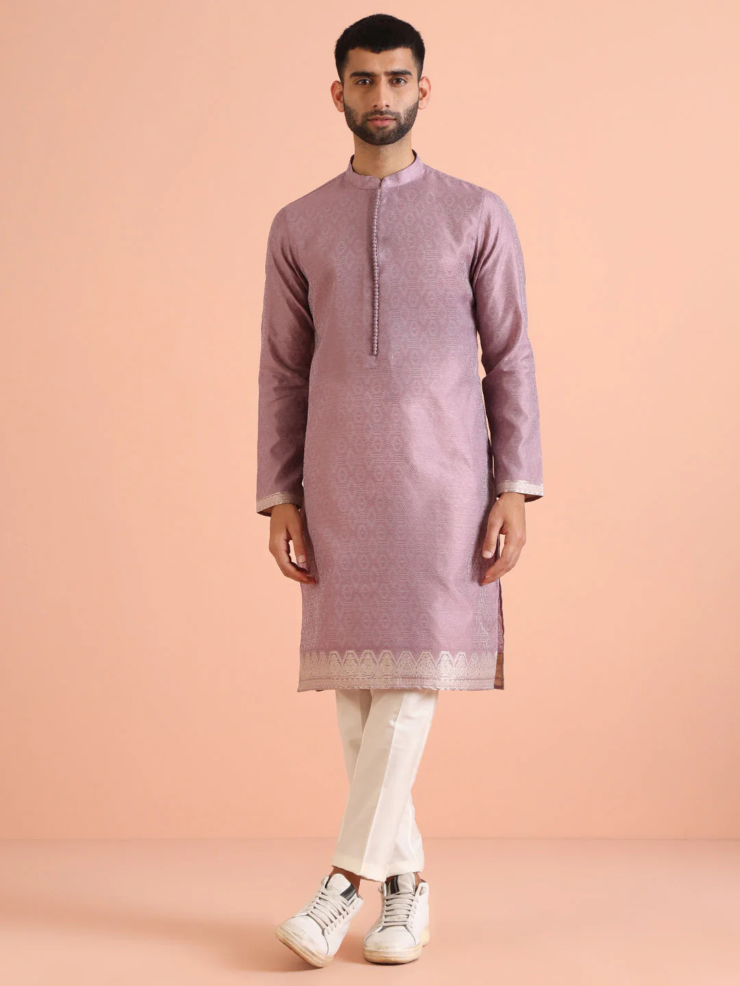 Men Mauve Woven Design Ethnic Motifs Kurta - Image 3