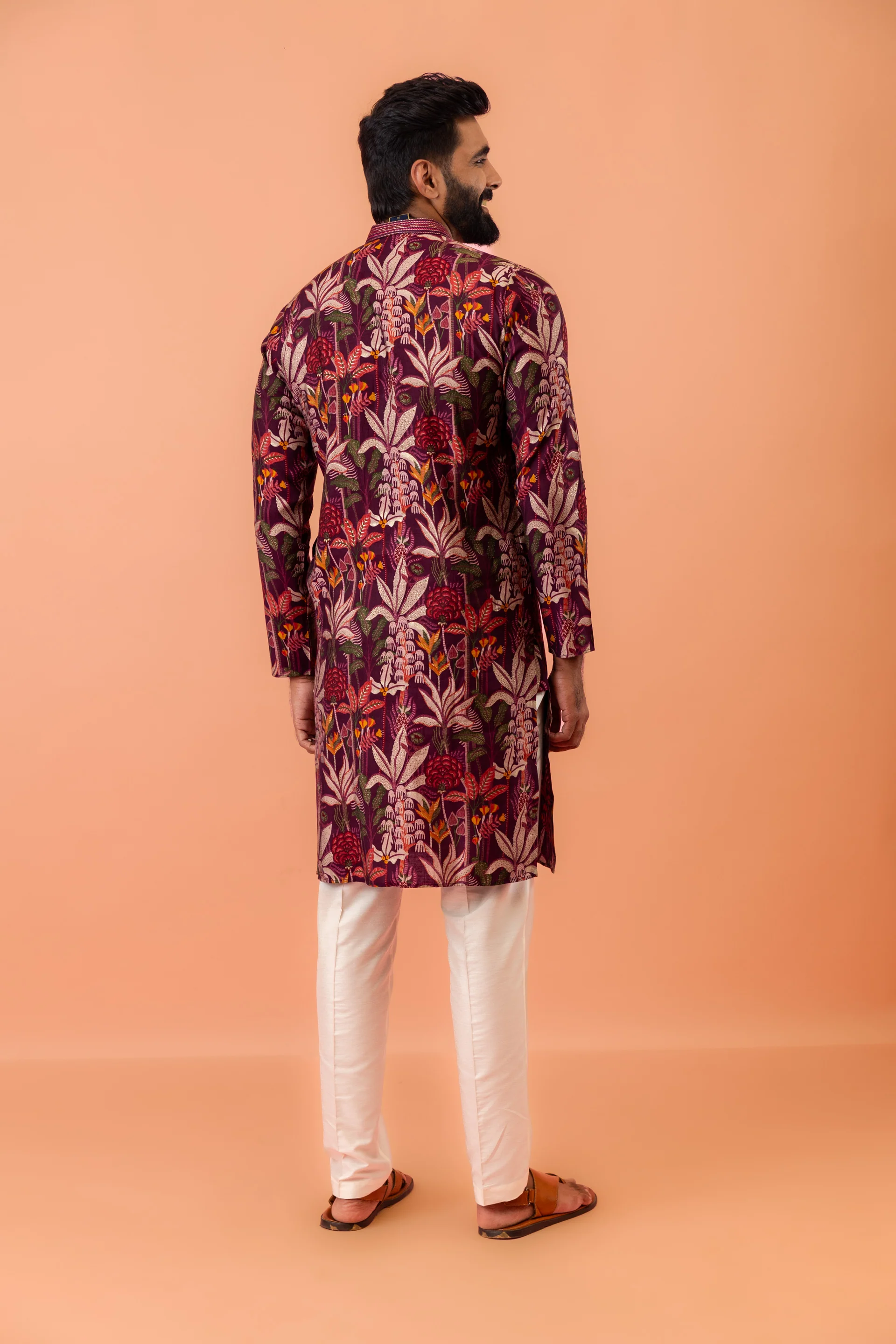 Maroon Silk Blend Kurta with Multicolor Floral Prints and Mandarin Collar - Image 6