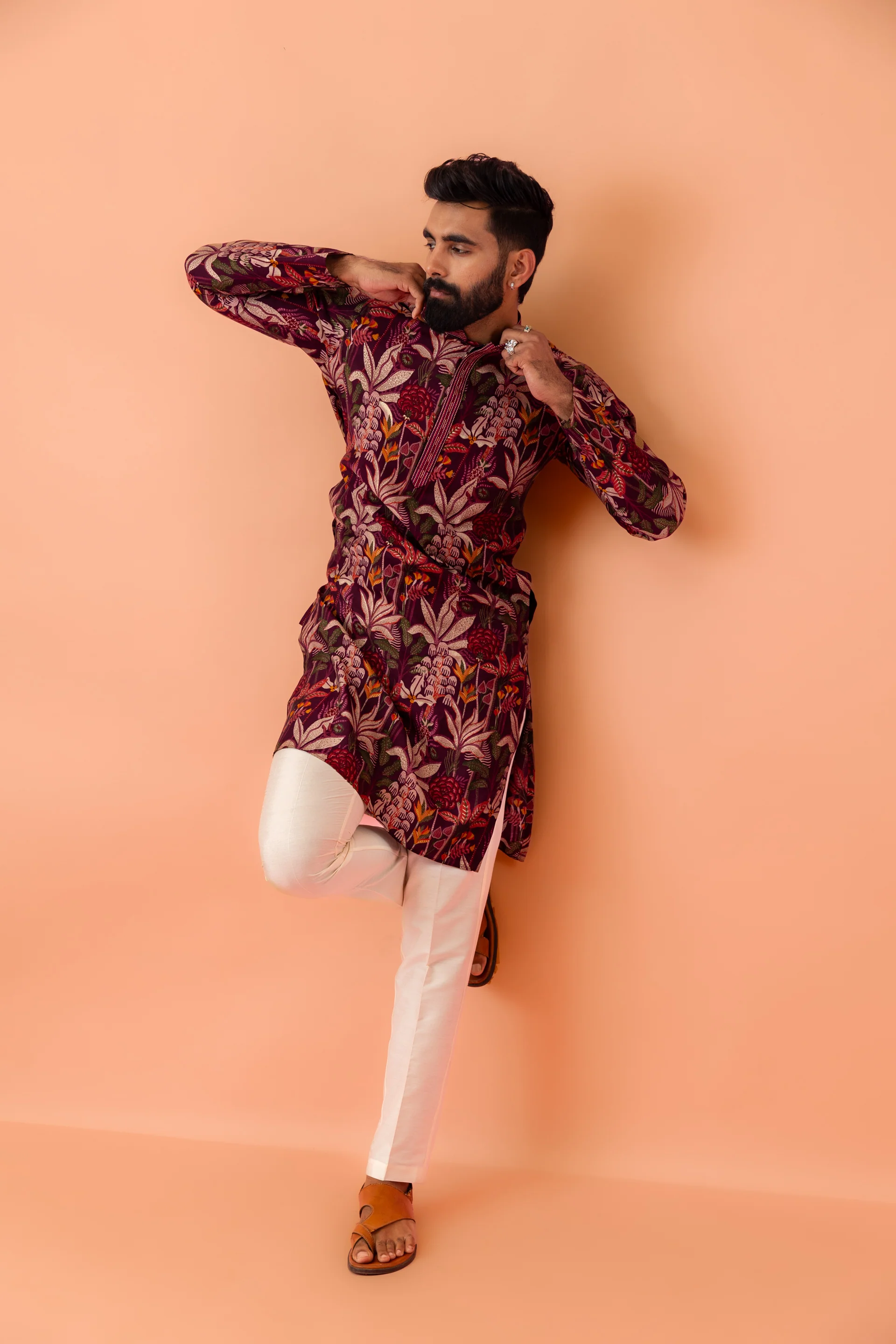 Maroon Silk Blend Kurta with Multicolor Floral Prints and Mandarin Collar - Image 8