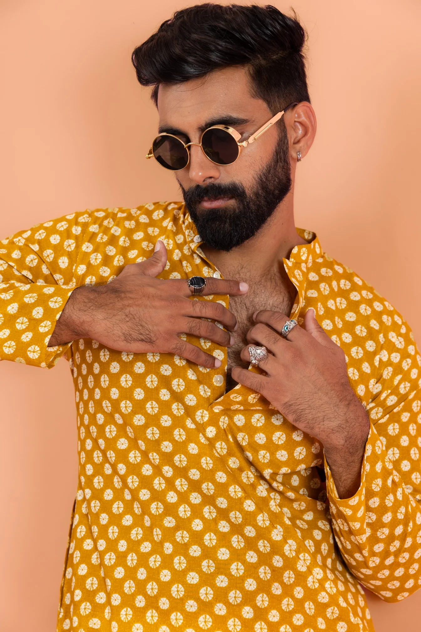 Men Mustard Printed Ethnic Motifs Kurta Trouser Set - Image 5