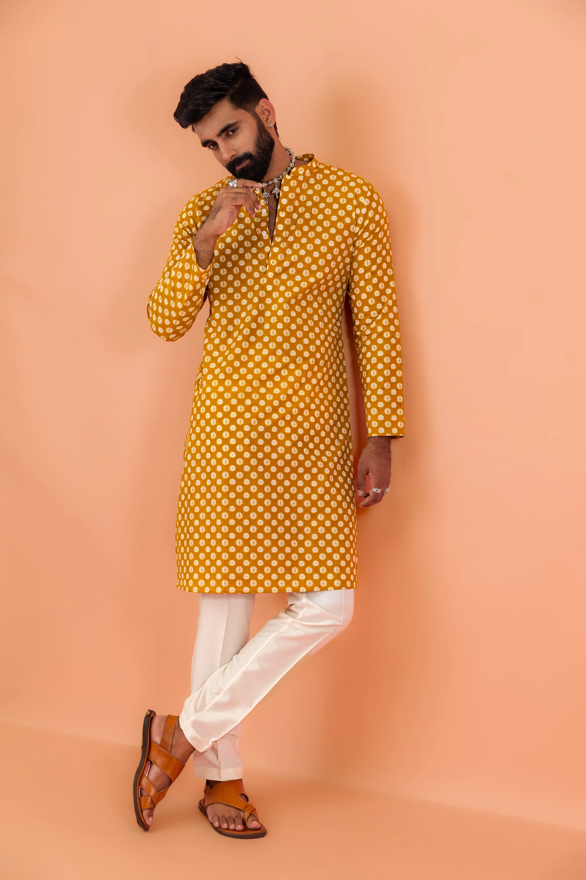 Men Mustard Printed Ethnic Motifs Kurta Trouser Set