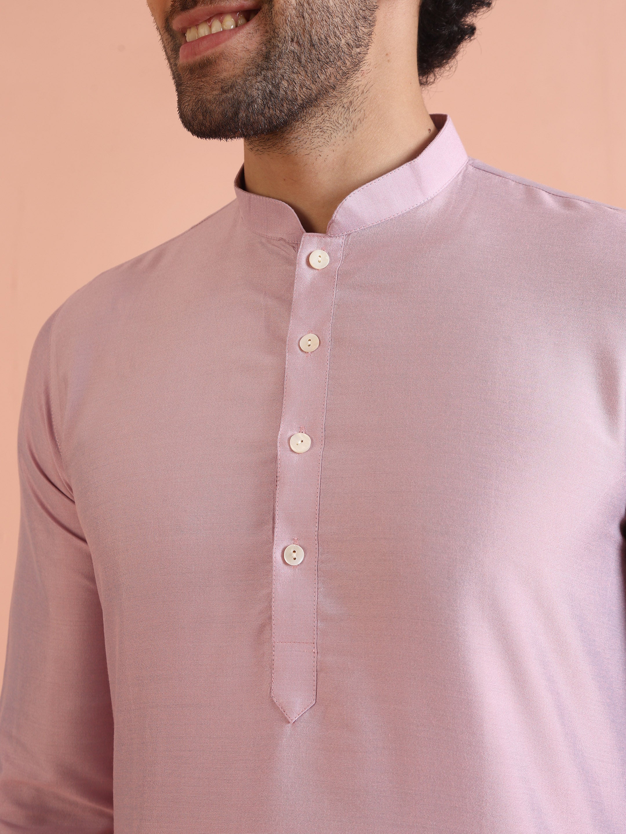 Light Pink Cotton Silk Plain Kurta - Image 5