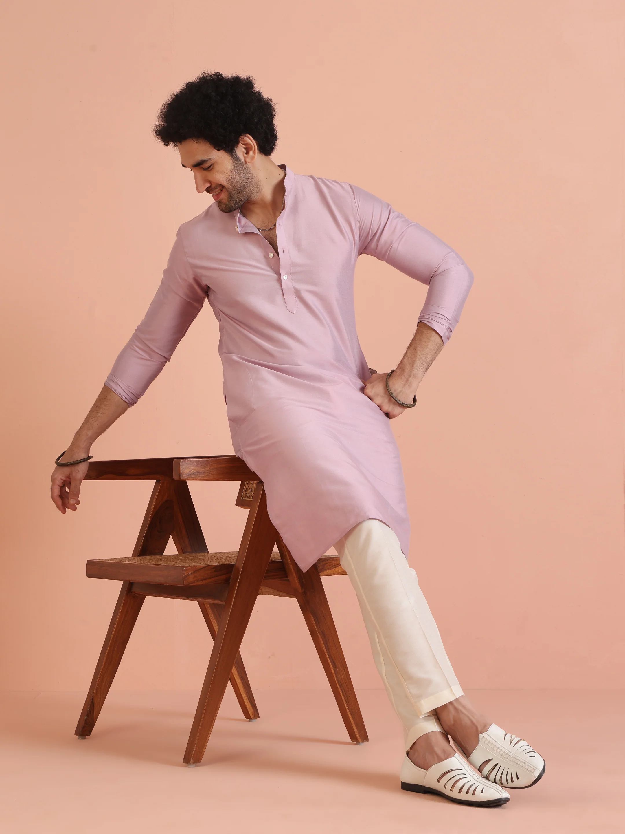Light Pink Cotton Silk Plain Kurta - Image 7
