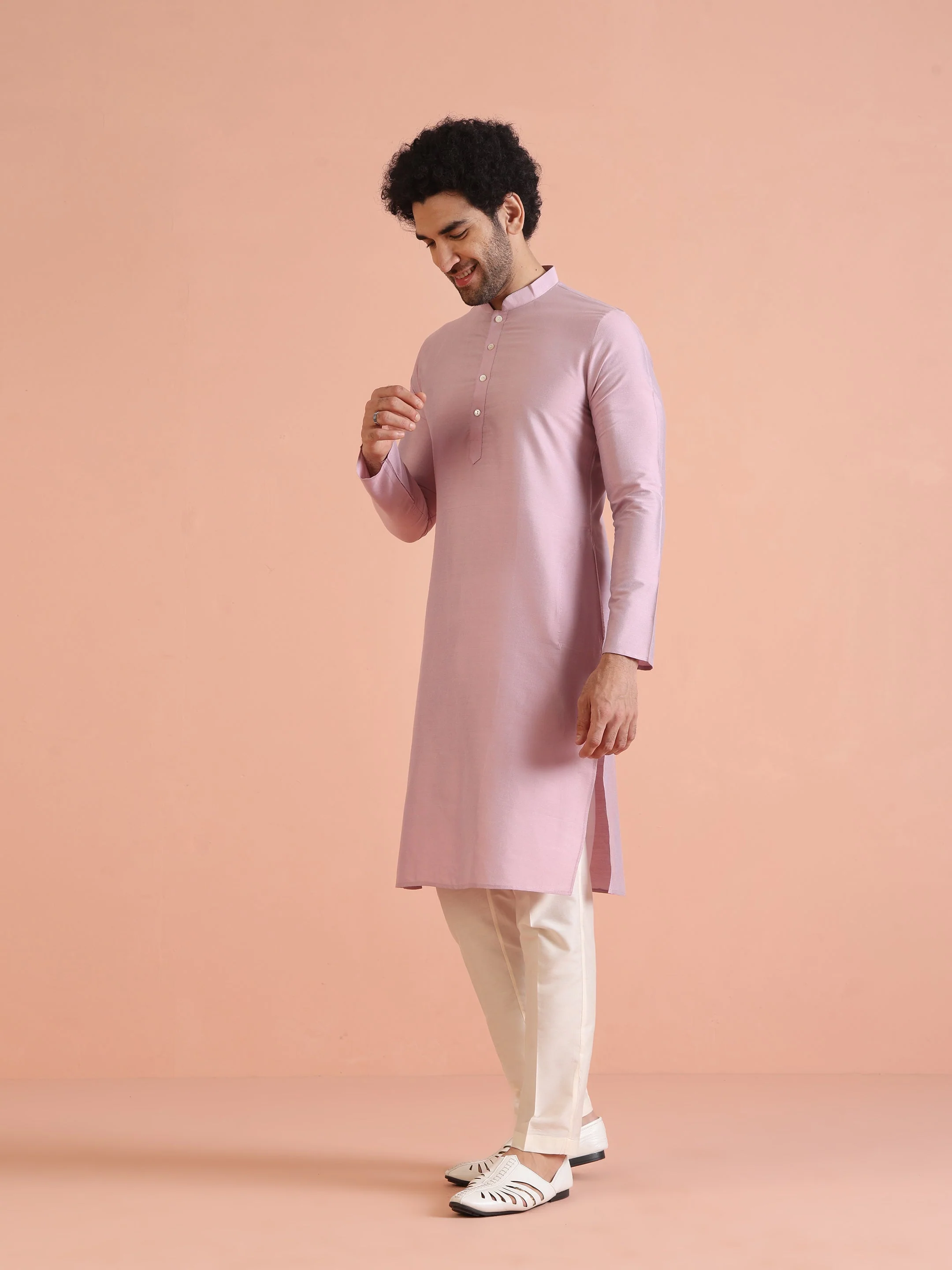 Light Pink Cotton Silk Plain Kurta - Image 8