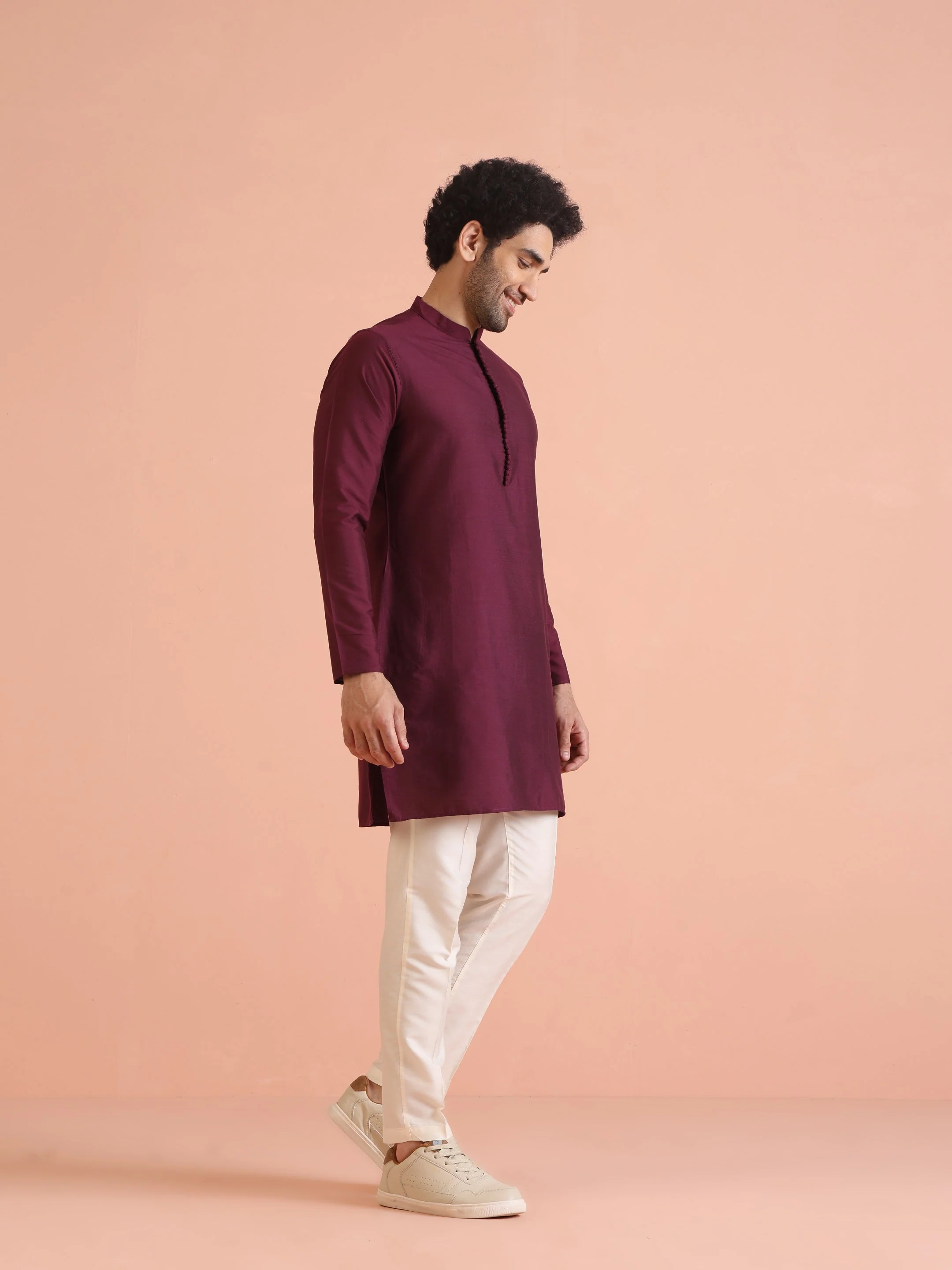 Men’s Maroon Solid Kurta Set with Cream Trouser – Elegant Festive Ethnic Wear - Image 2
