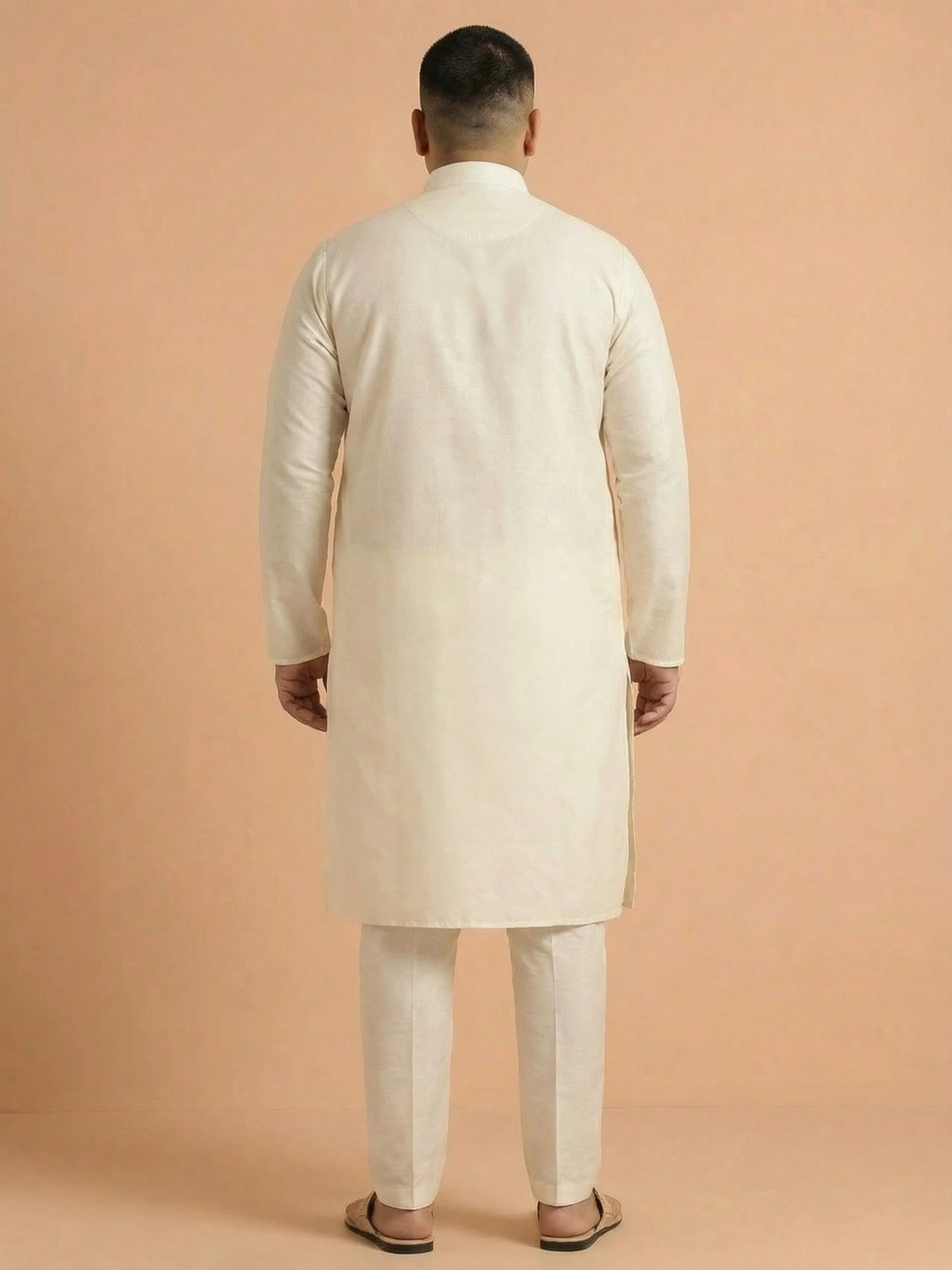 Men's Cream Silk Blend Solid Long Kurta - Image 2