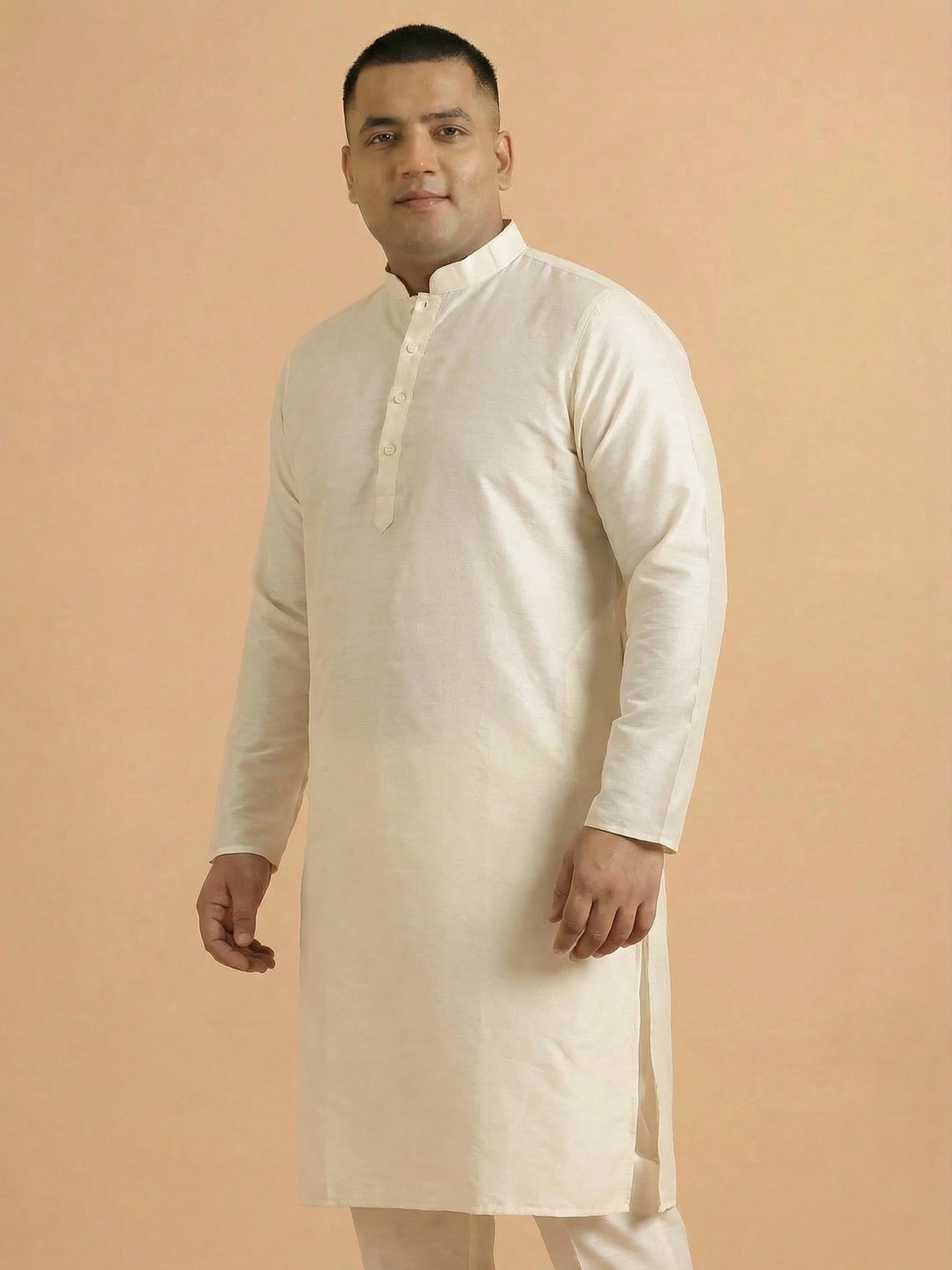 Men's Cream Silk Blend Solid Long Kurta - Image 4